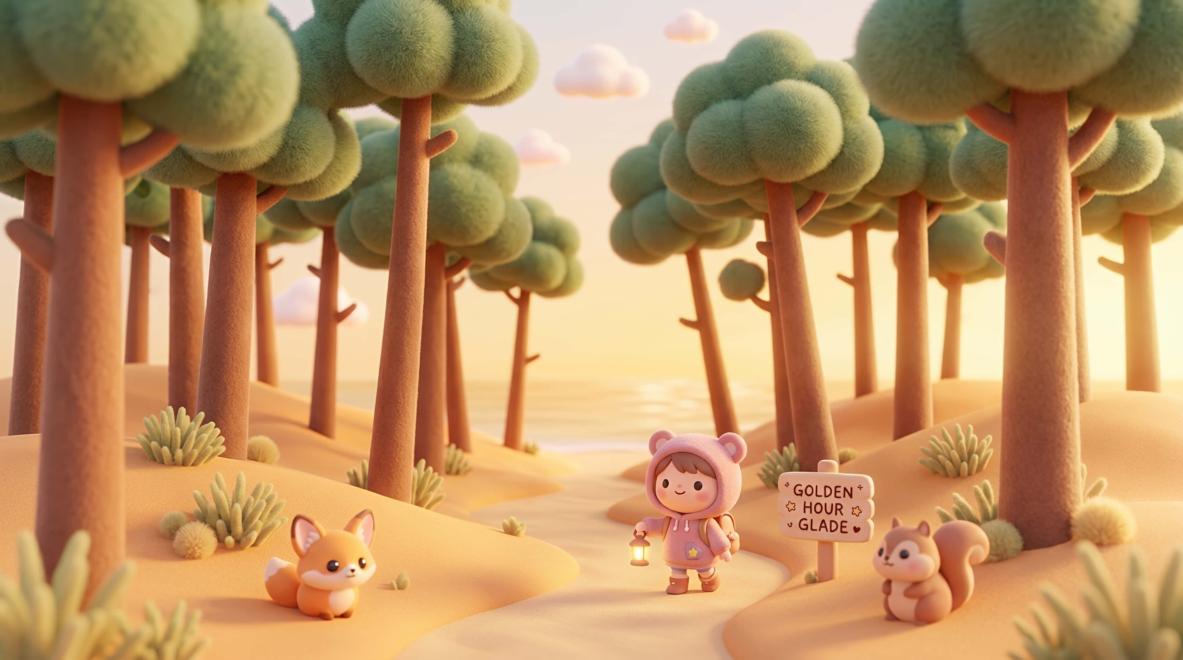 whimsical kawaii golden hour glade adventure, pink hoodie, lantern, 4K Desktop Wallpaper