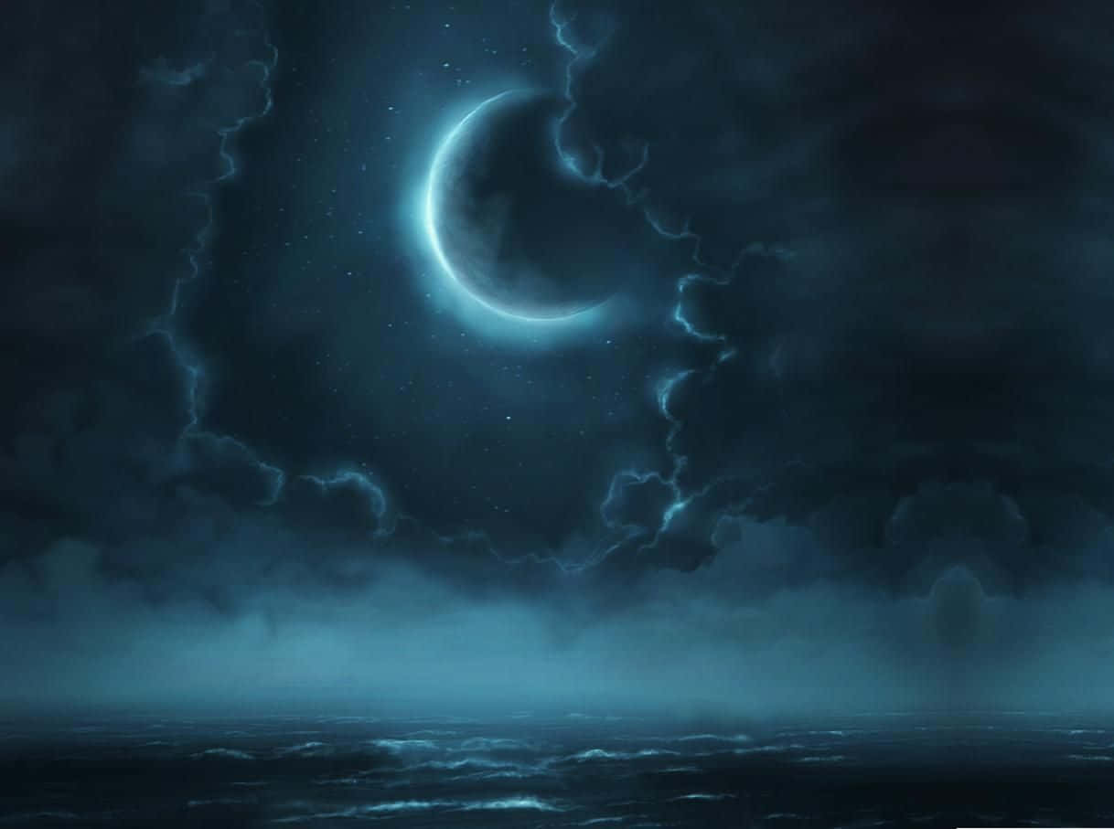 Magical Night Sky, crescent moon, stormy ocean, SD Desktop Wallpaper