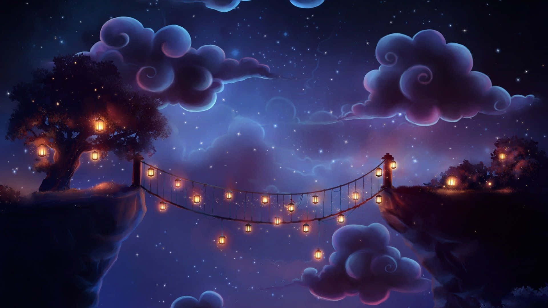 lantern bridge, cliffside trees, starry purple night sky, Full HD Desktop Wallpaper