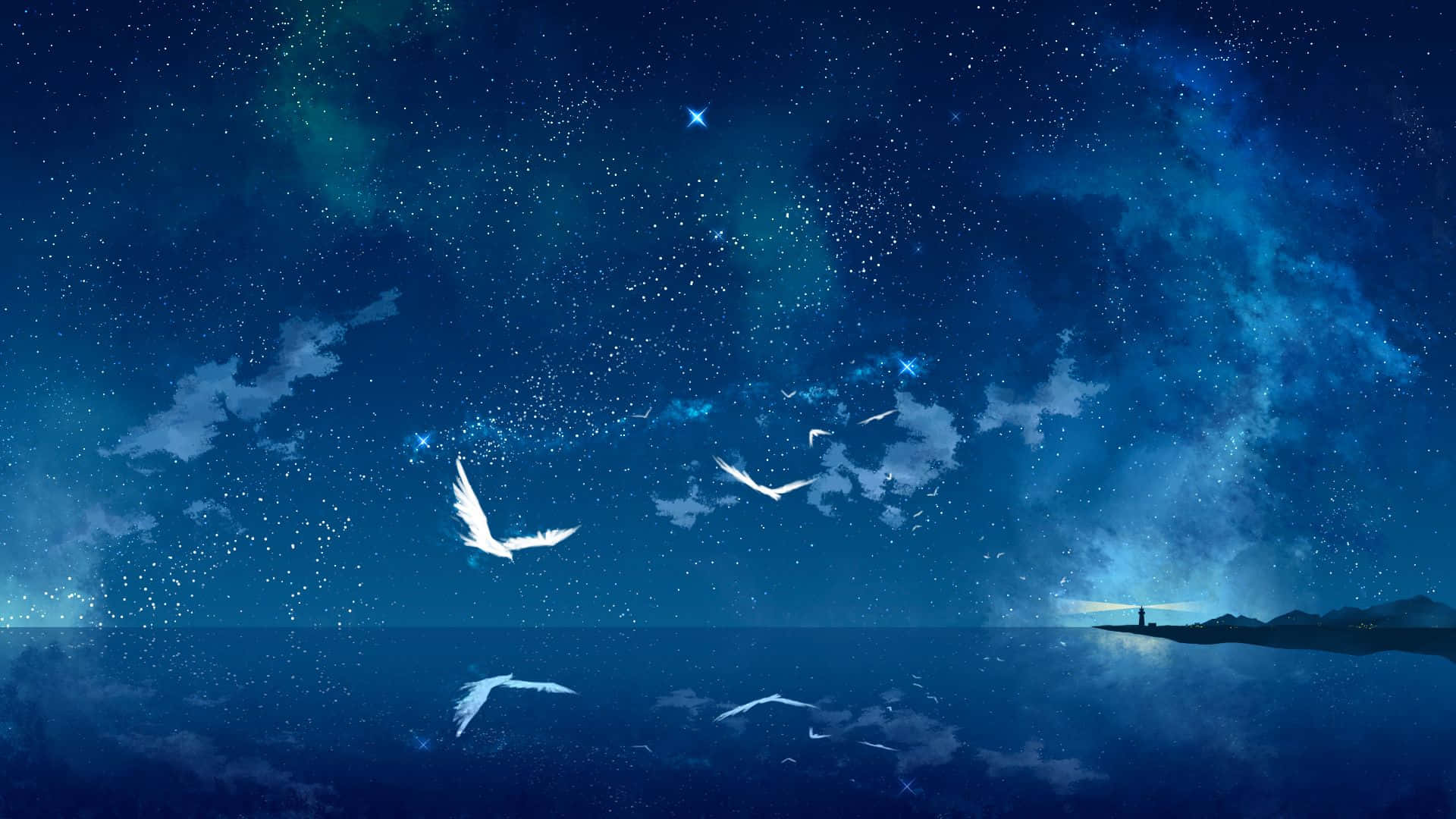 Magical Night Sky, seagulls, starry blue sky, Full HD Desktop Wallpaper