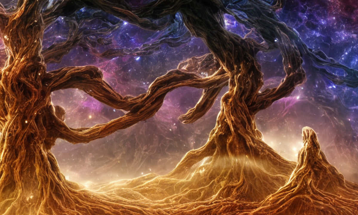 latent magical forest, ancient gnarled tree roots, vibrant cosmic nebula, SD Desktop Wallpaper