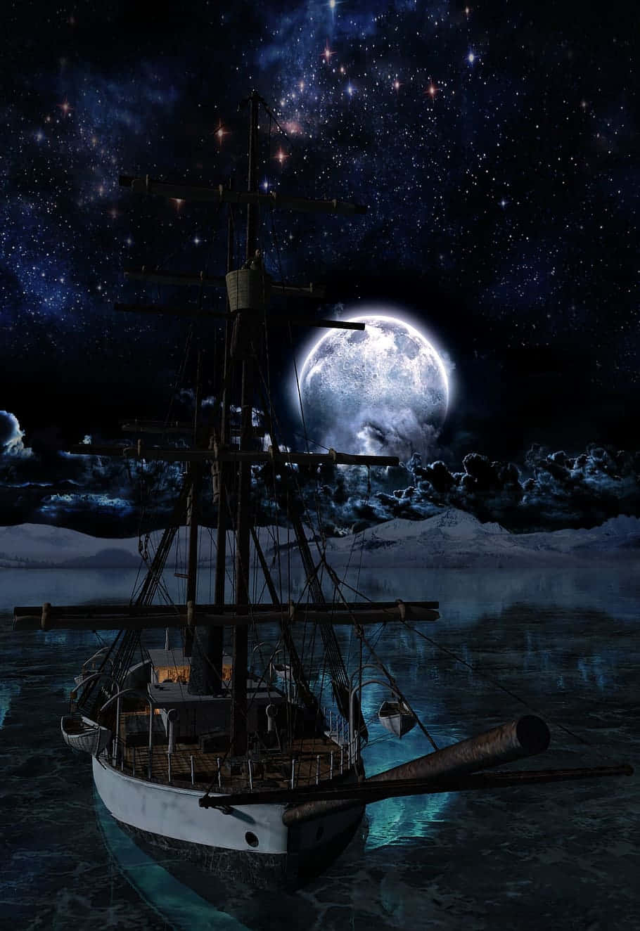 giant moon, starry sky, lone ship, HD Phone Wallpaper