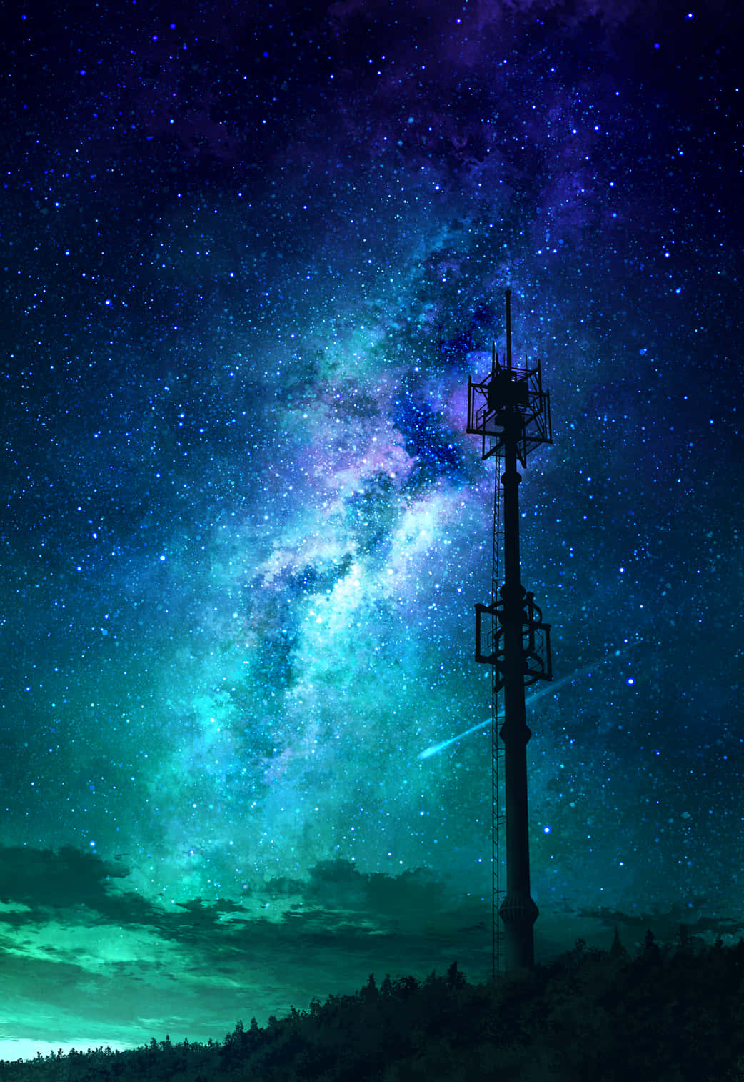 radio tower, vibrant cosmic sky, stars, HD Phone Wallpaper