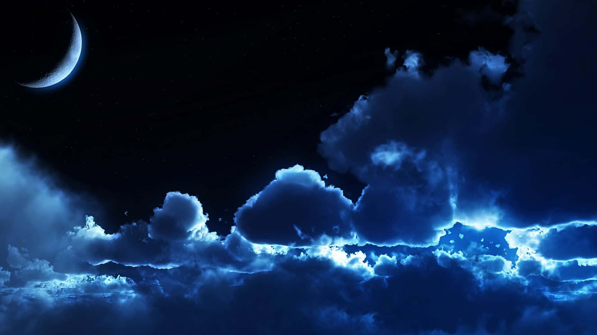 crescent moon, glowing blue clouds, dramatic night sky, Full HD Desktop Wallpaper