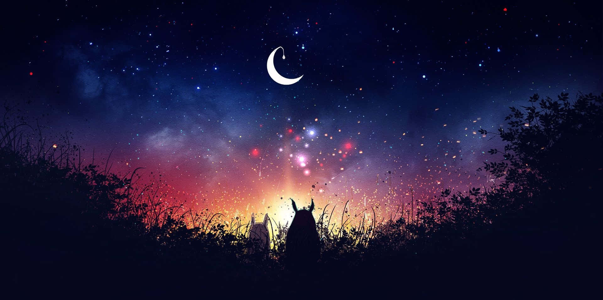 Magical Night Sky, crescent moon, glowing stars, Full HD Desktop Wallpaper