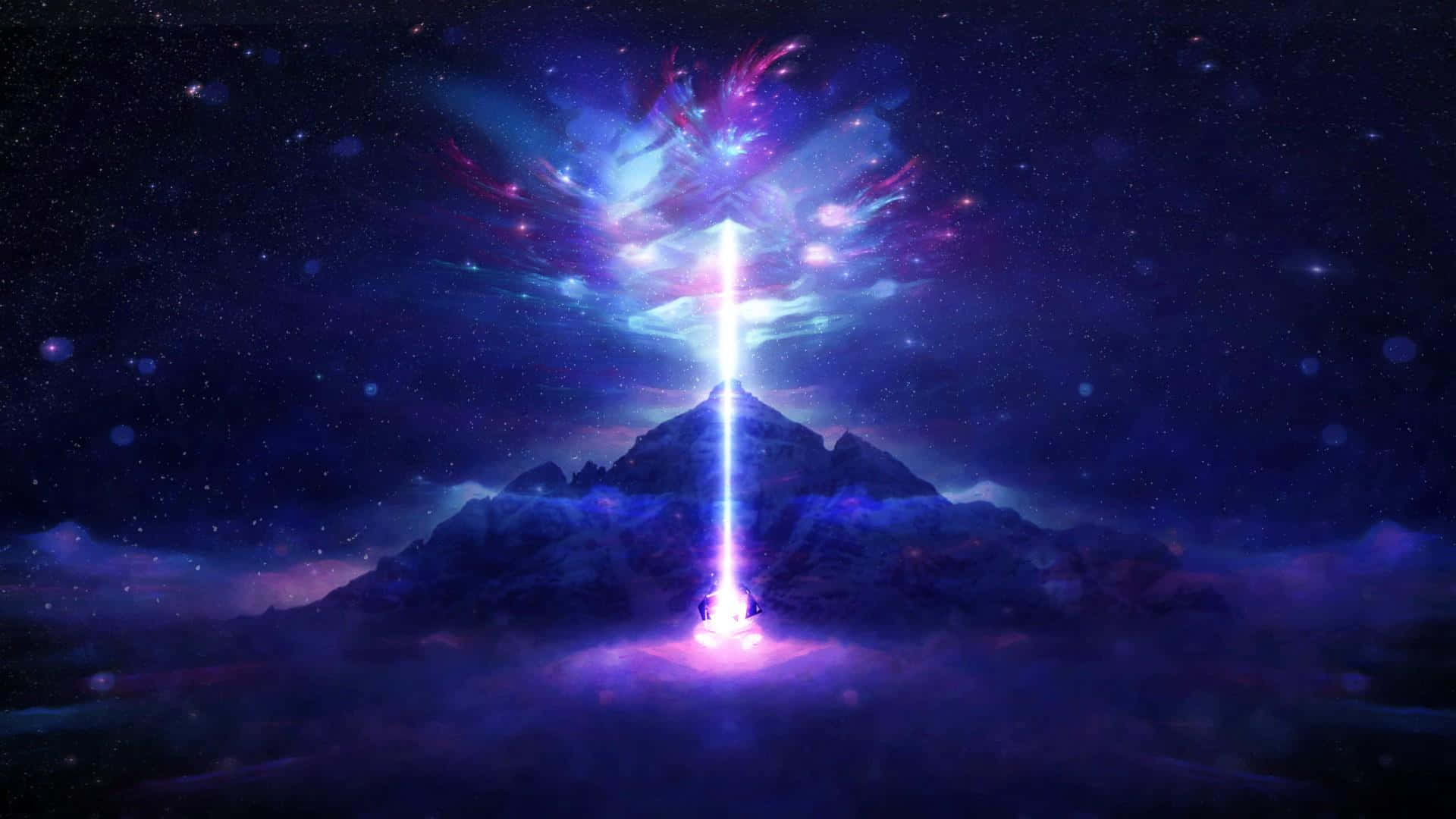 Magical Night Sky, cosmic mountain peak, radiant beam of light, Full HD Desktop Wallpaper