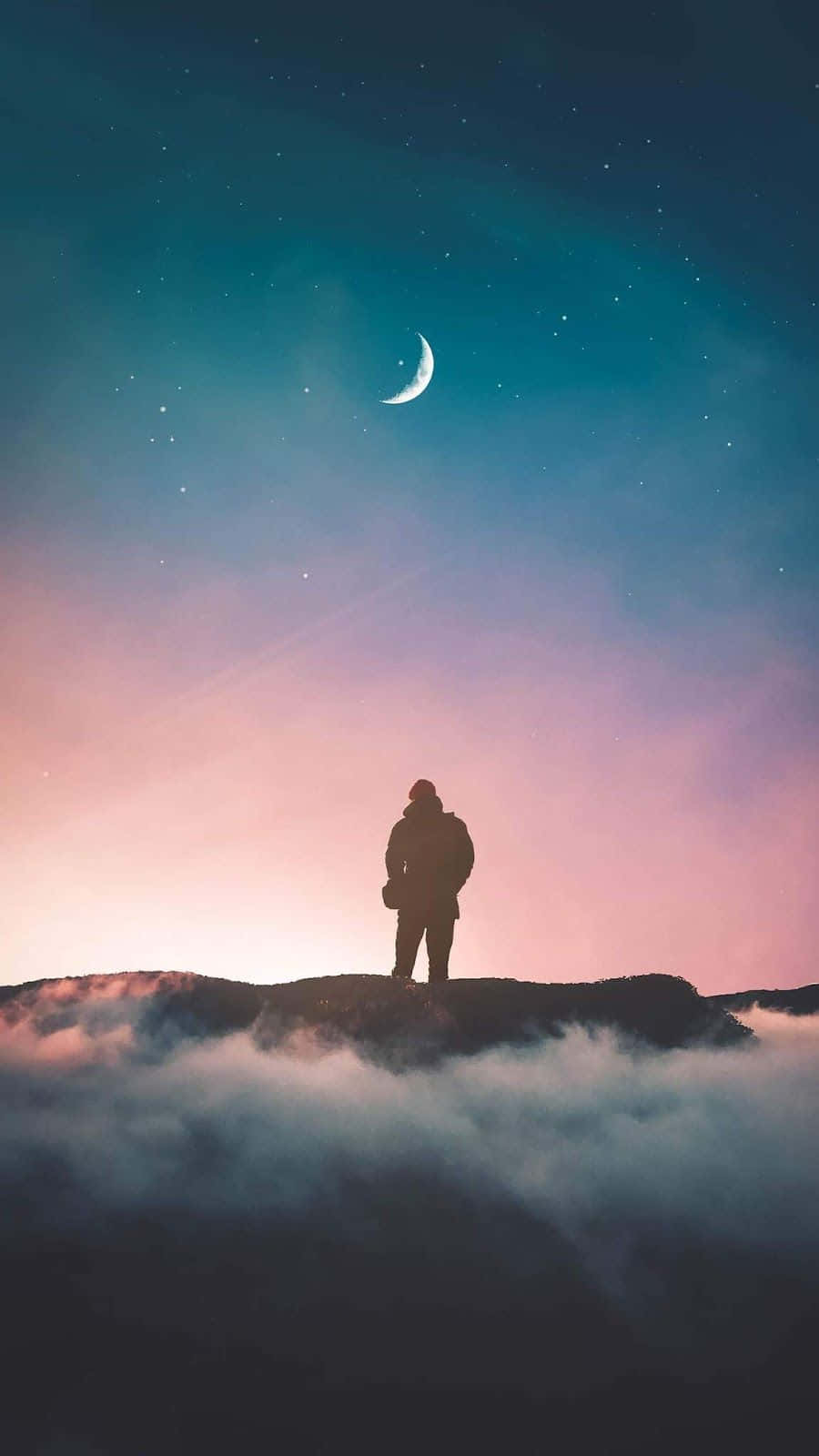 crescent moon, twilight sky, misty mountain peak, HD Phone Wallpaper