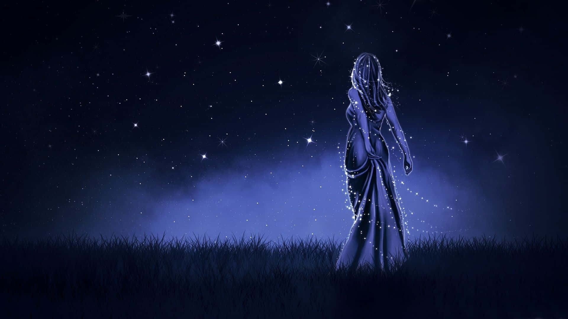 beautiful dark magical night sky, goddess, starlit field, Full HD Desktop Wallpaper