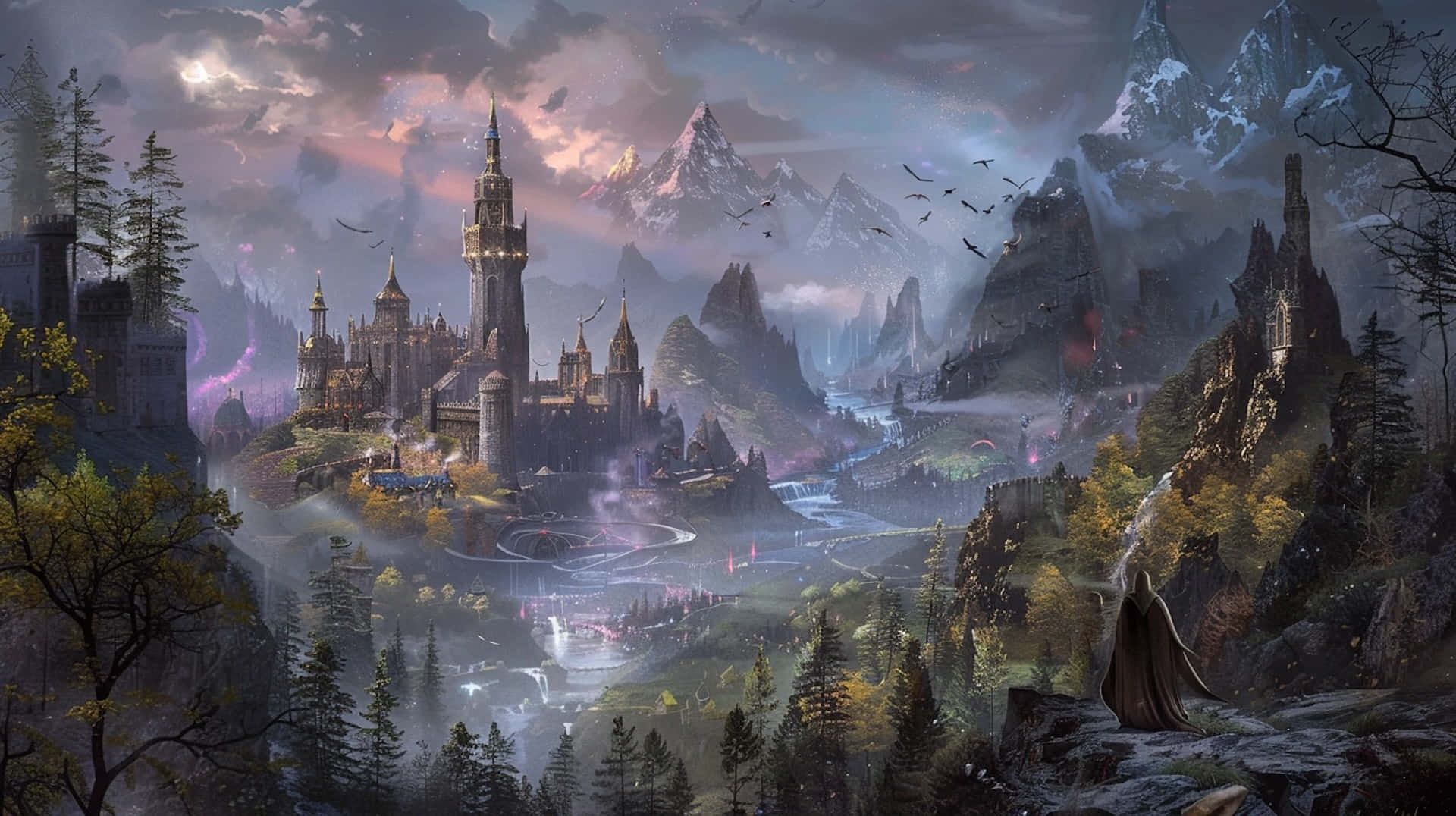 enchanted medieval fantasy kingdom, majestic fantasy castle, misty mountains, Full HD Desktop Wallpaper