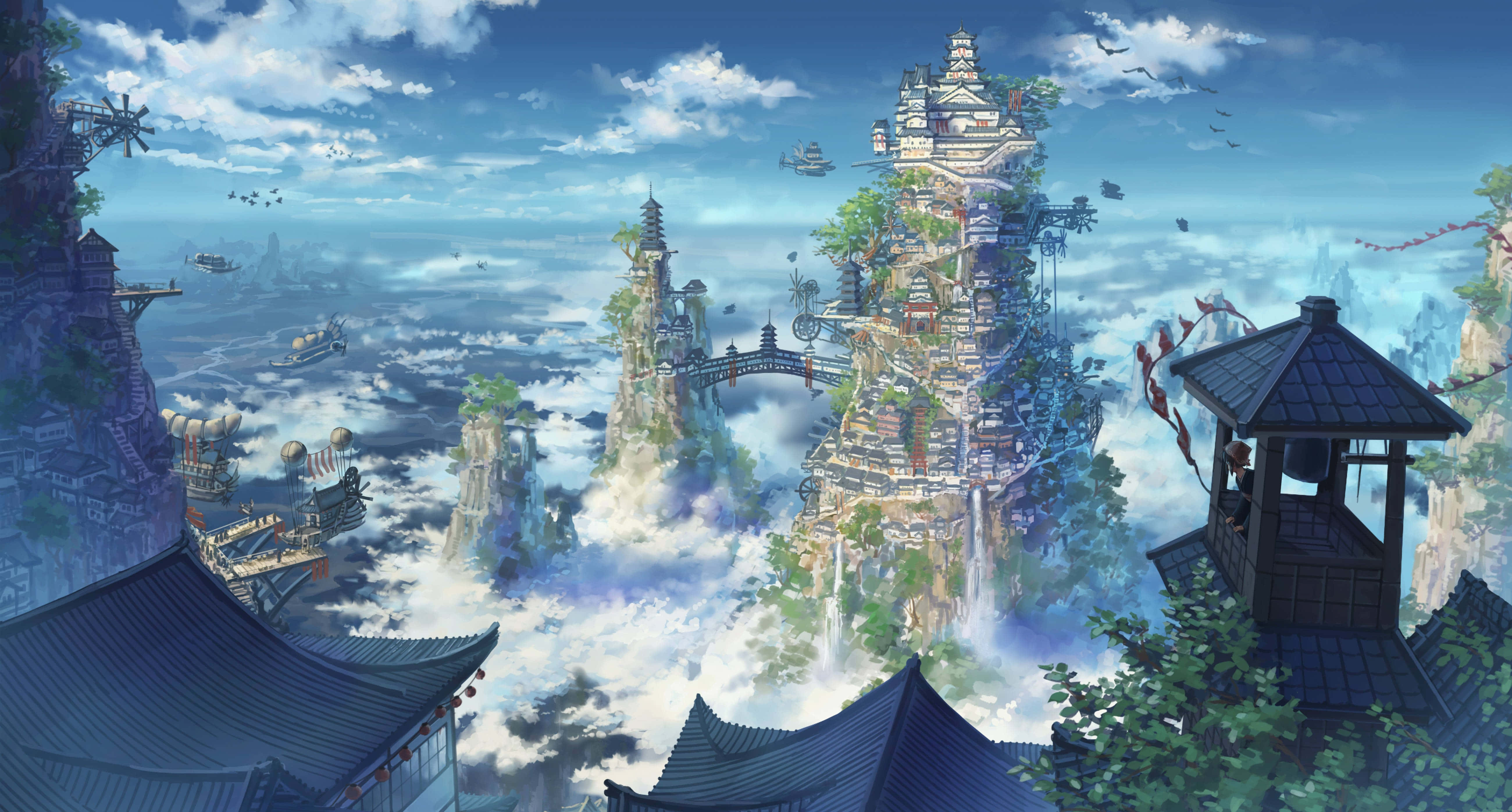 fantasy castle, clouds, sky islands, 5K Desktop Wallpaper