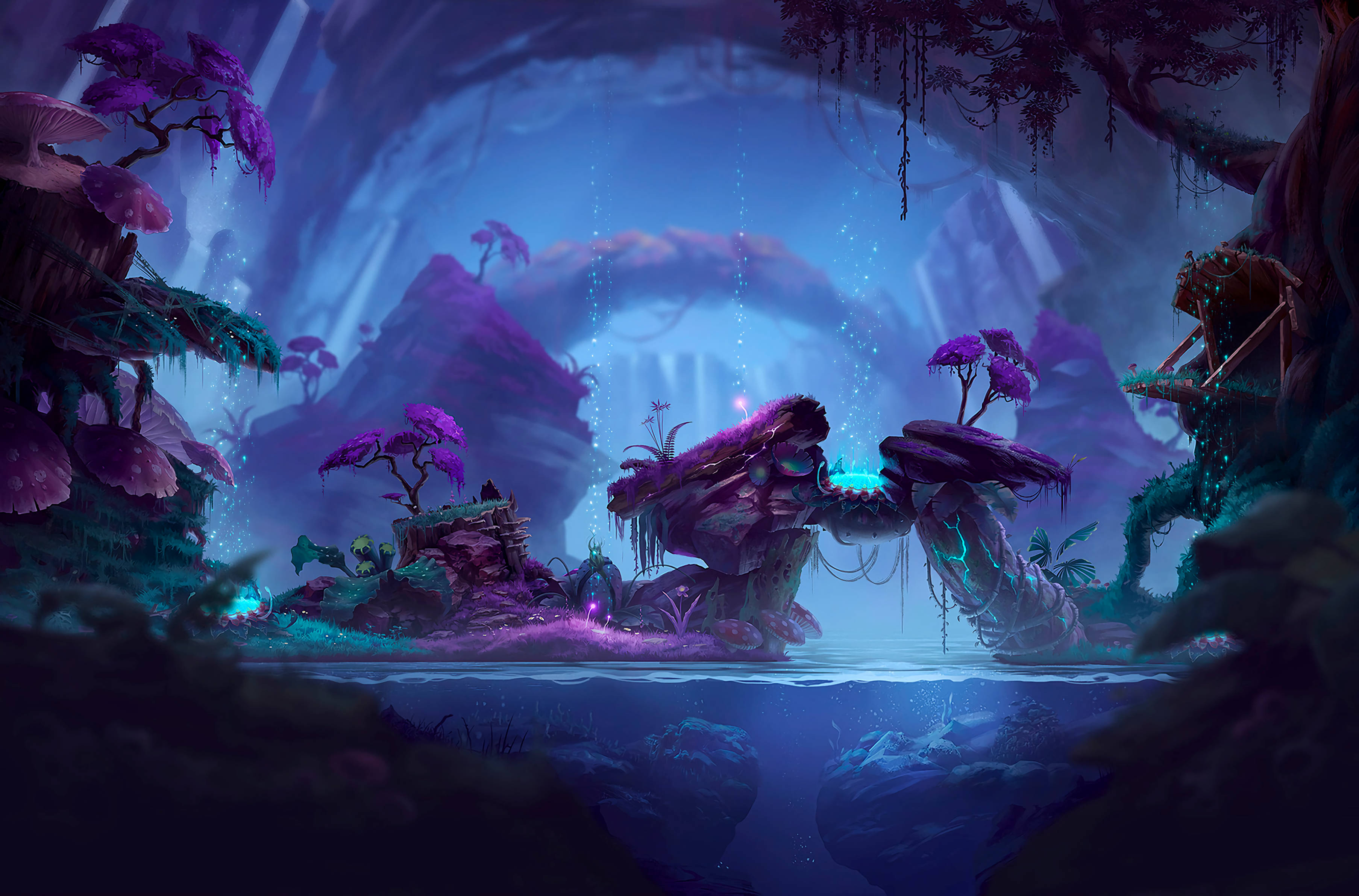 mystical forest, glowing purple flora, teal water, 2K Desktop Wallpaper