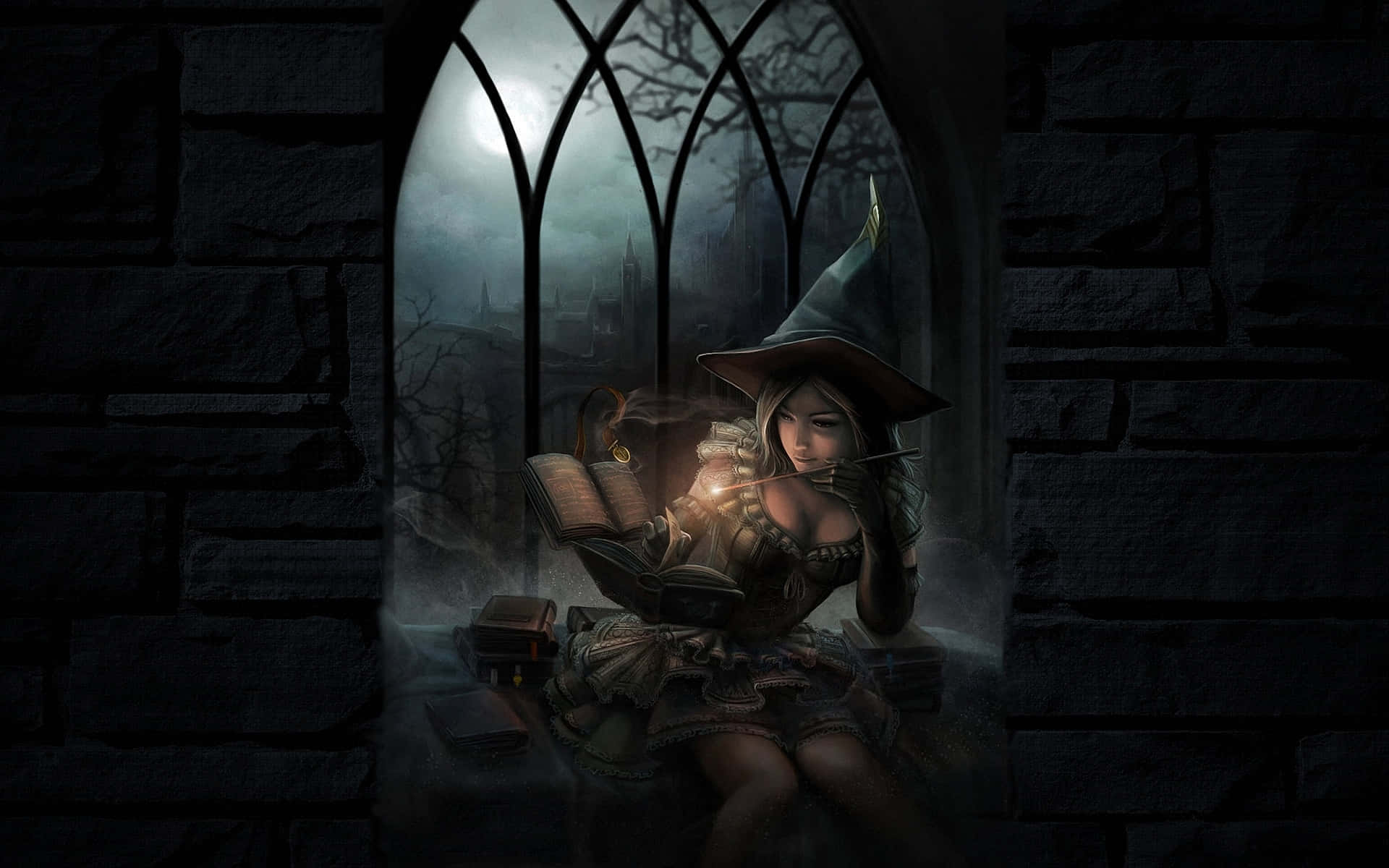 witch, pointed hat, glowing book, Full HD Desktop Wallpaper