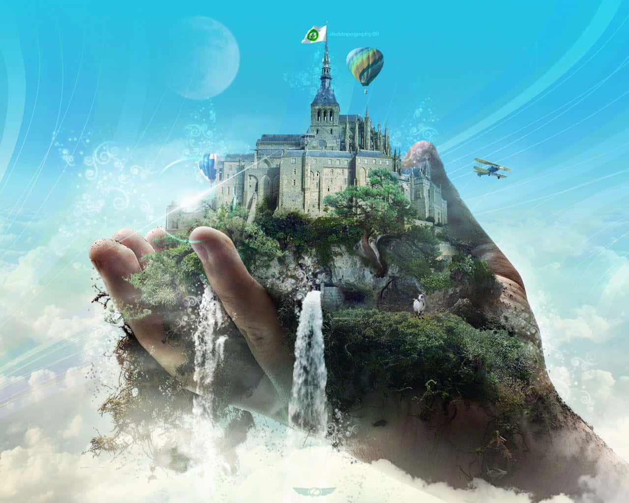 Mystical Fantasy Castle, floating island, castle waterfall, HD Desktop Wallpaper