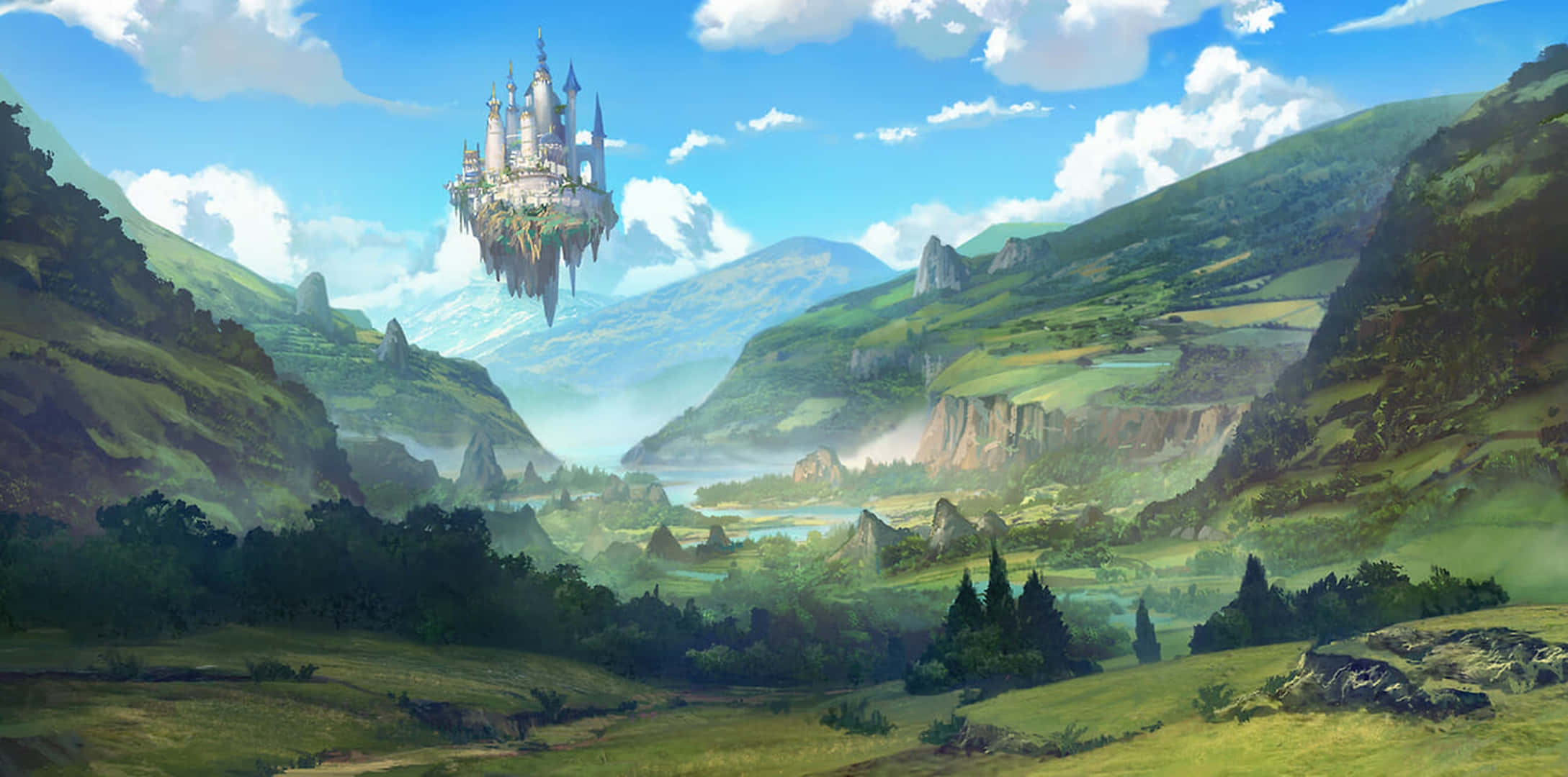 floating castle, spires, lush green valley, Full HD Desktop Wallpaper