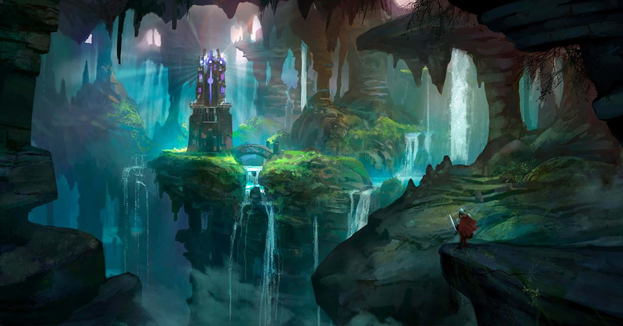 mystical glowing cave, floating islands, glowing tower, Full HD Desktop Wallpaper