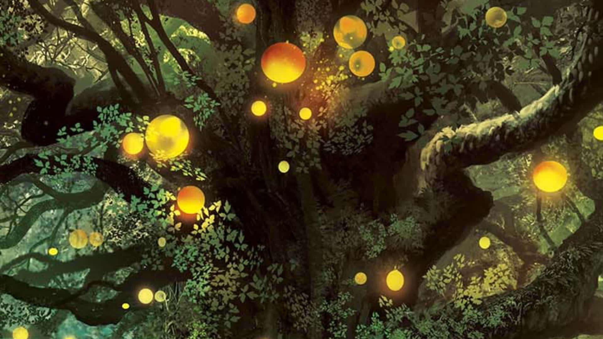 enchanted forest, glowing orbs, ancient tree, Full HD Desktop Wallpaper