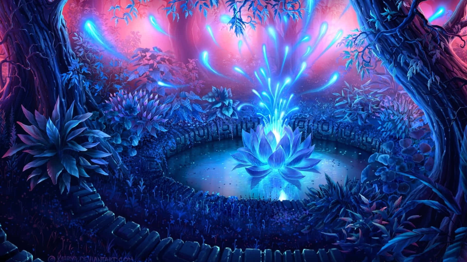 glowing blue lotus, mystical pond, enchanted forest, Full HD Desktop Wallpaper