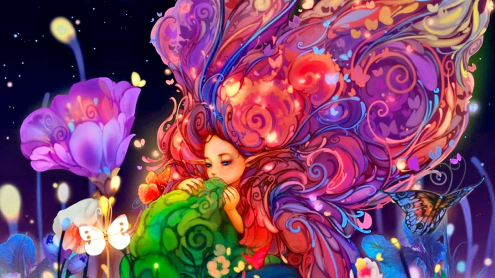 whimsical fairy, swirling magenta and purple hair, glowing butterflies, Full HD Desktop Wallpaper