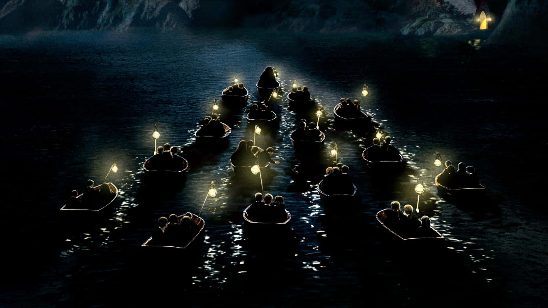 enchanted nighttime flotilla, glowing lanterns, dark water, Full HD Desktop Wallpaper
