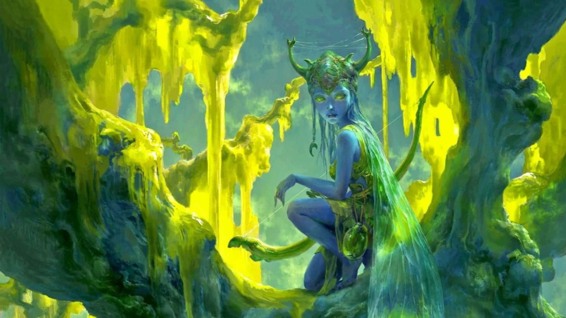 enchanted forest guardian, blue-skinned horned figure, glowing eyes, Full HD Desktop Wallpaper