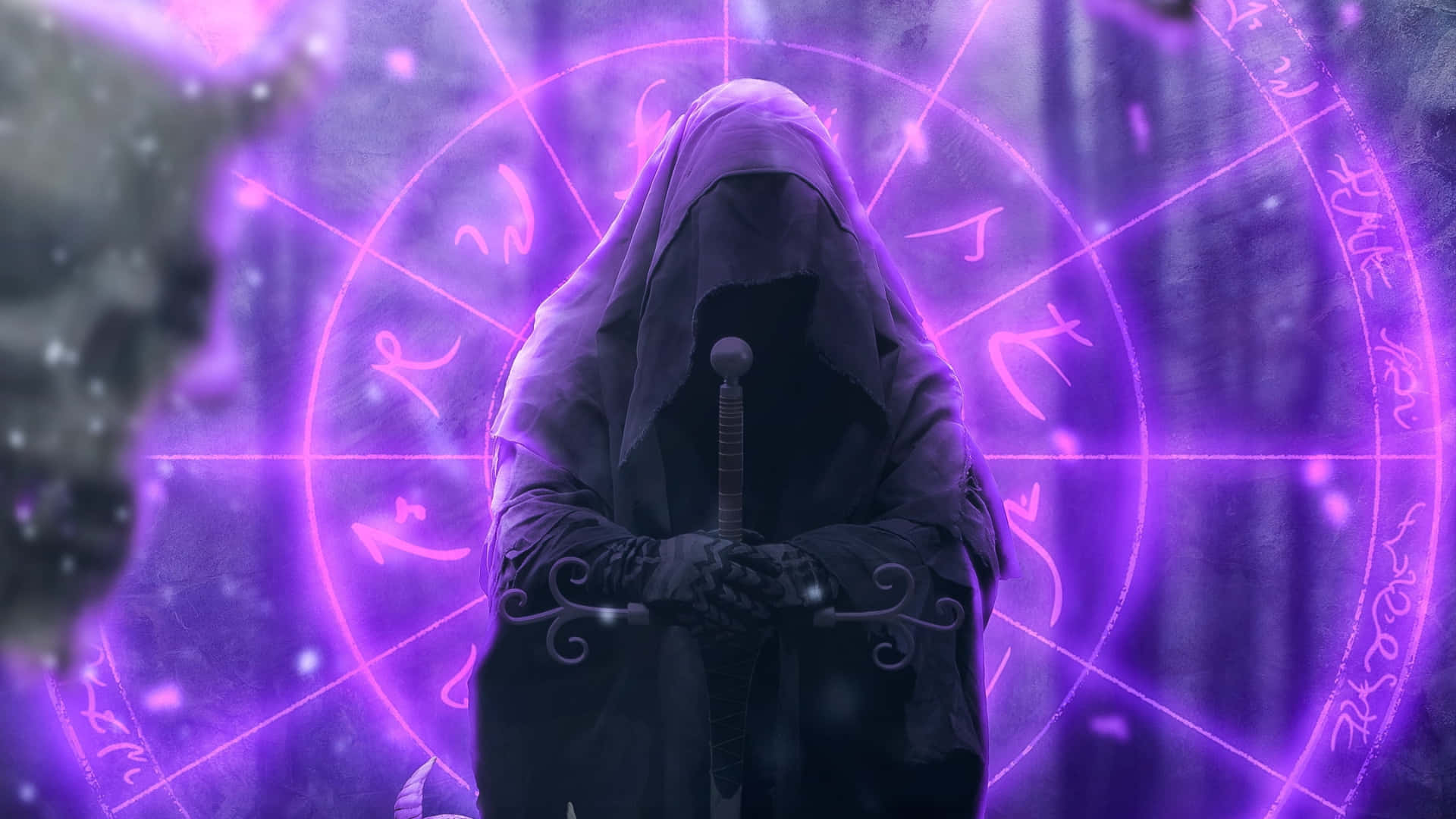 mystic ritual summoning circle, hooded figure, sword, Full HD Desktop Wallpaper