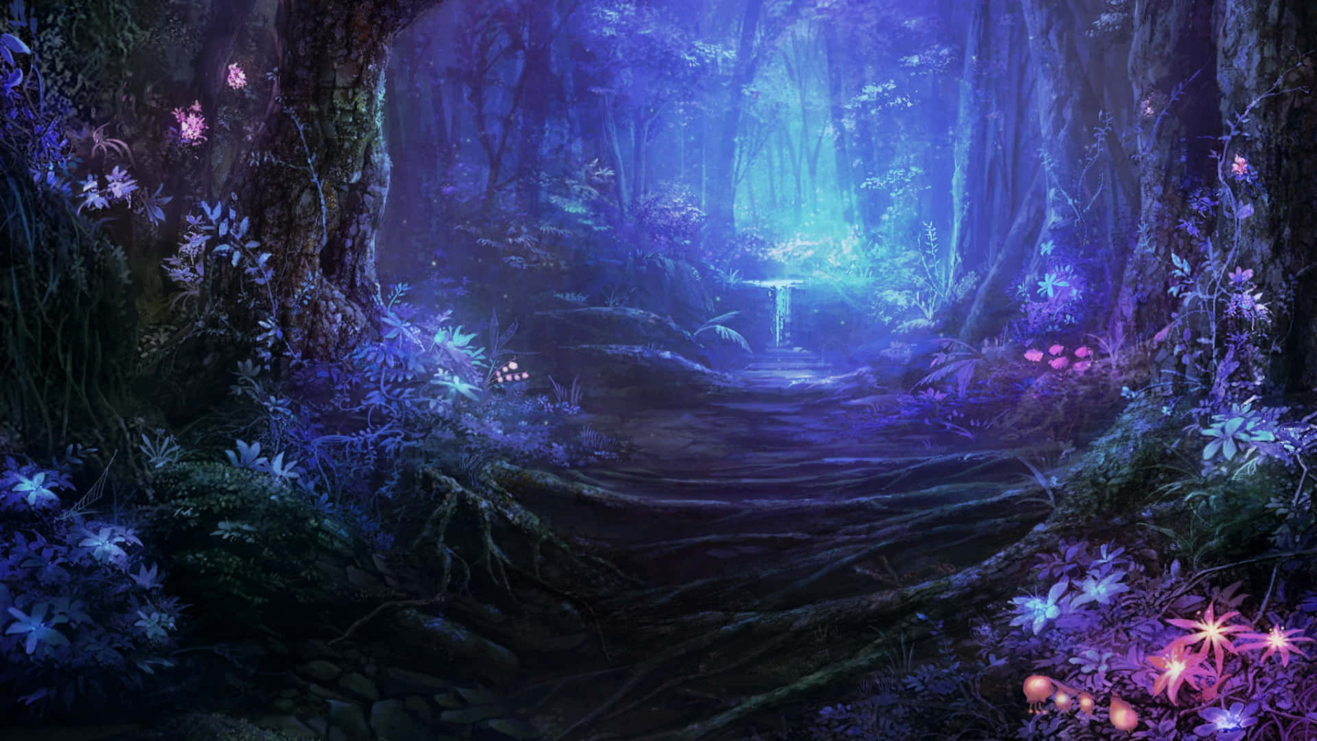 enchanted forest, glowing pathway, purple and blue bioluminescent flowers, Full HD Desktop Wallpaper