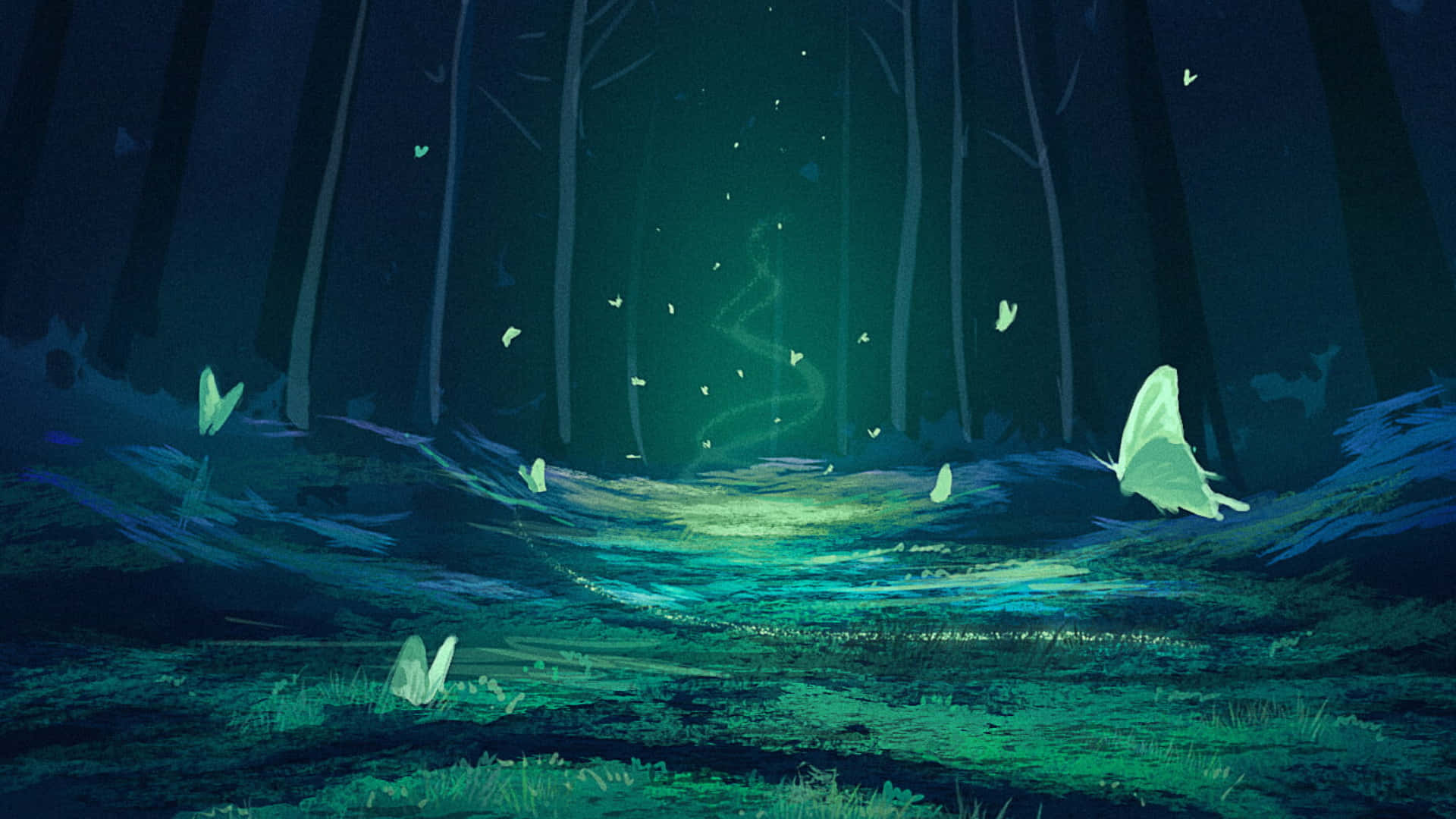 mystical forest, night, glowing butterflies, Full HD Desktop Wallpaper