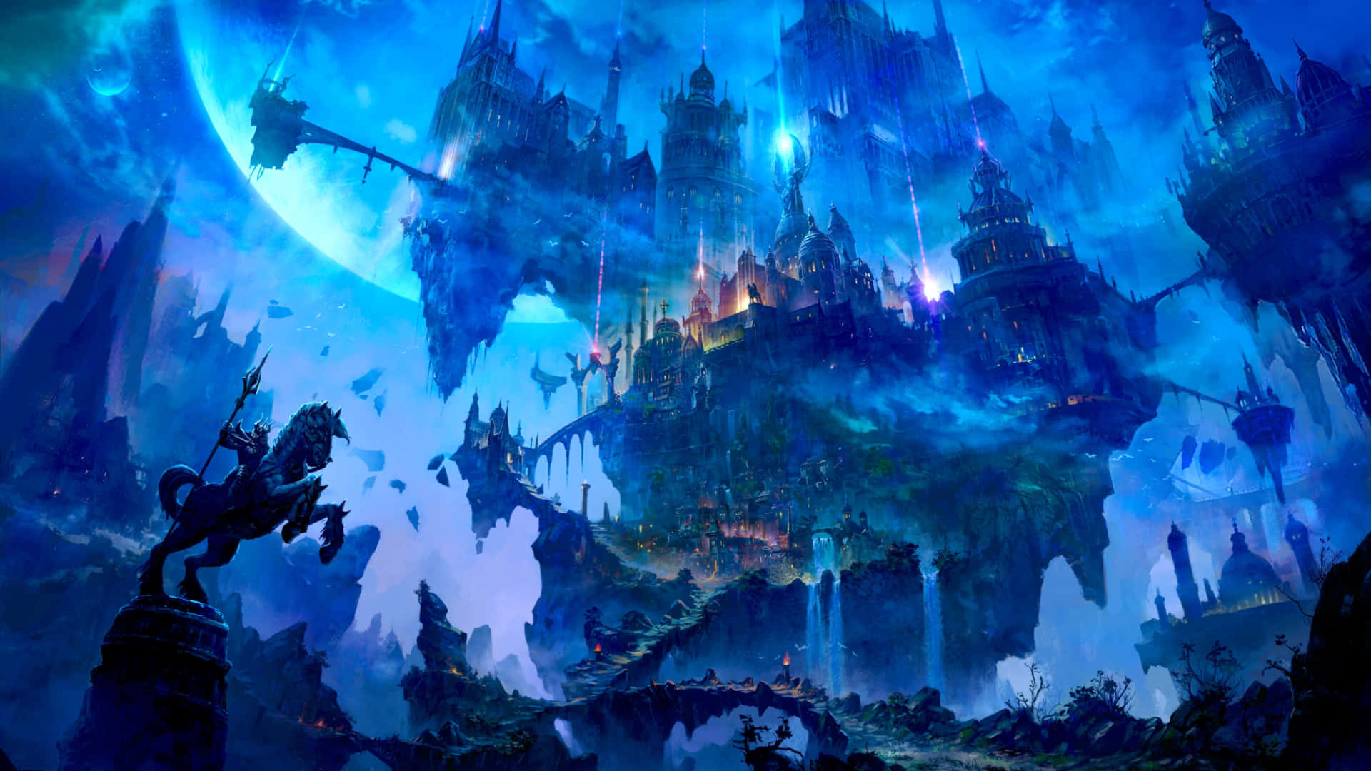 enchanted floating castles, massive blue moon, knight on horseback, Full HD Desktop Wallpaper