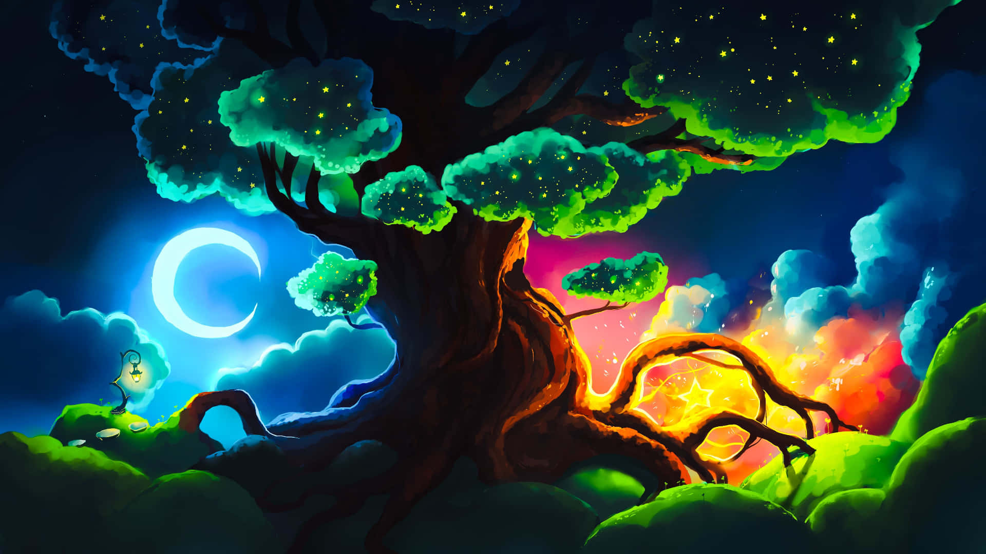 enchanted night tree, glowing tree, starry leaves, Full HD Desktop Wallpaper