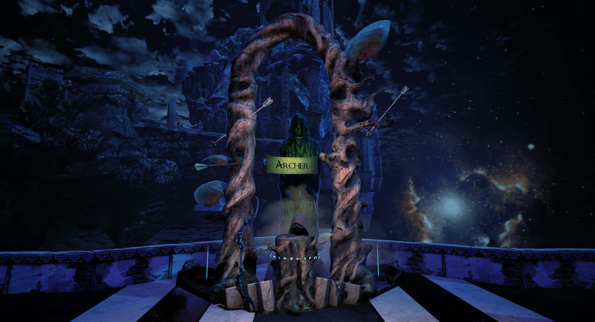 mystical archer, twisted wooden archway, starry night sky, Full HD Desktop Wallpaper