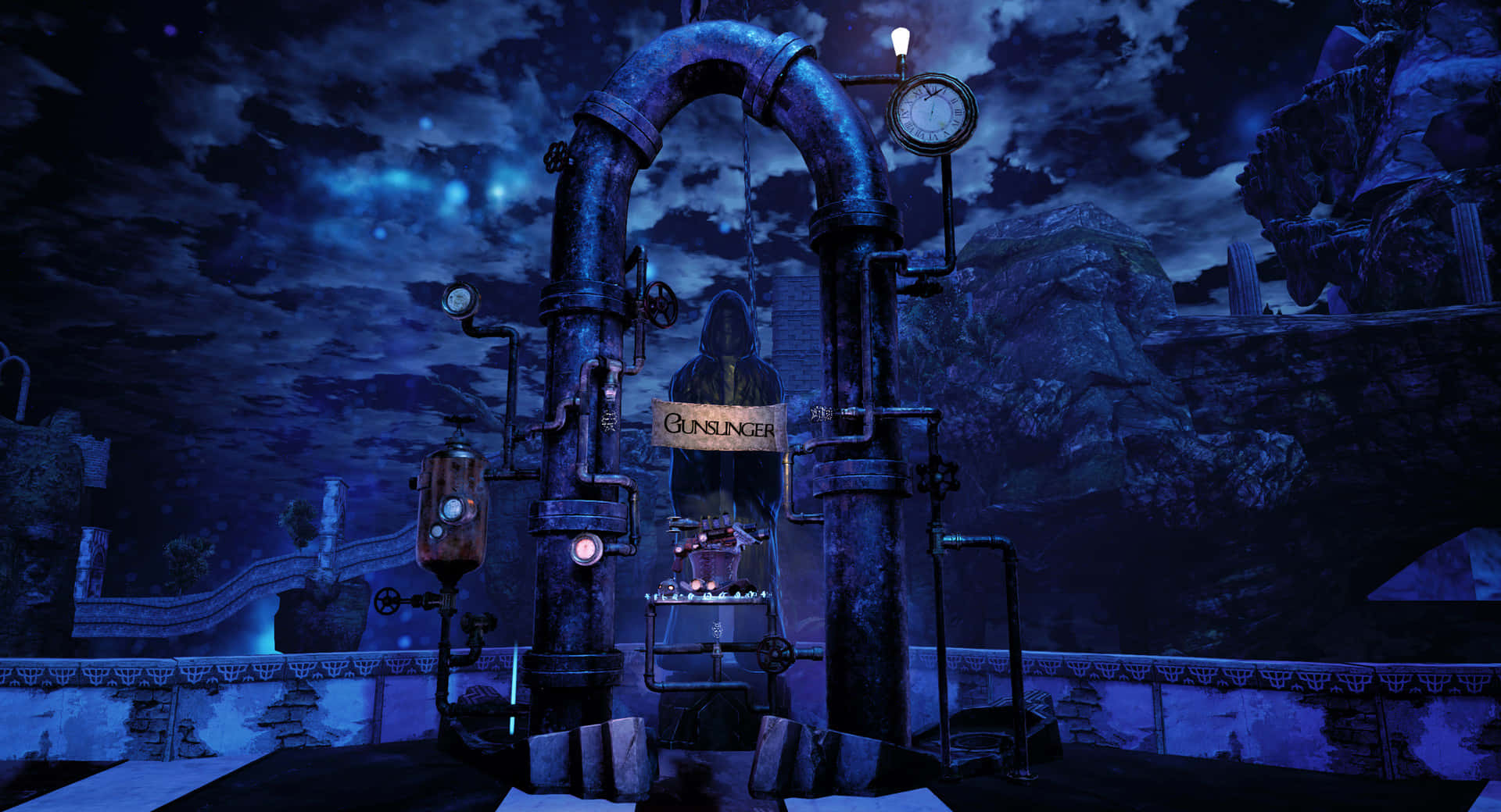 dark blue steampunk machine, glowing lights, pipes, Full HD Desktop Wallpaper