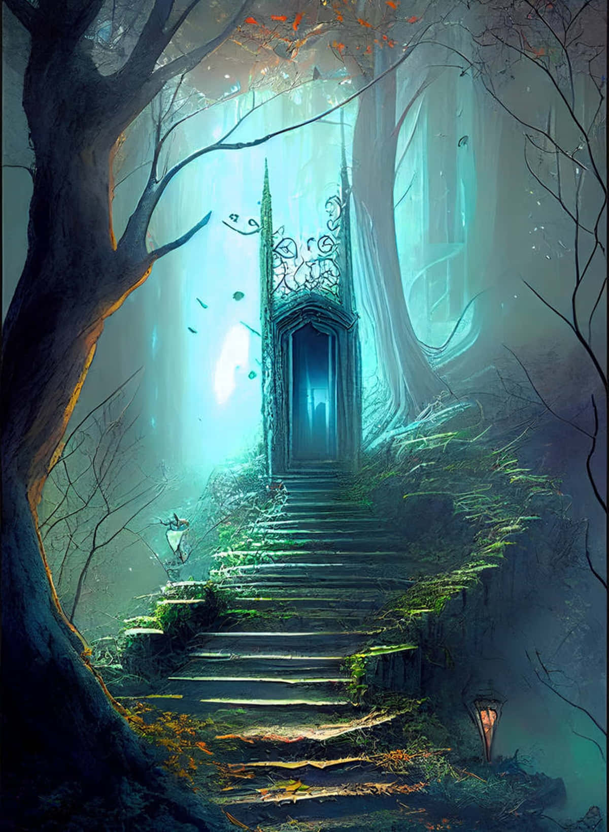 enchanted forest doorway, mossy stone stairs, ornate glowing doorway, HD Phone Wallpaper