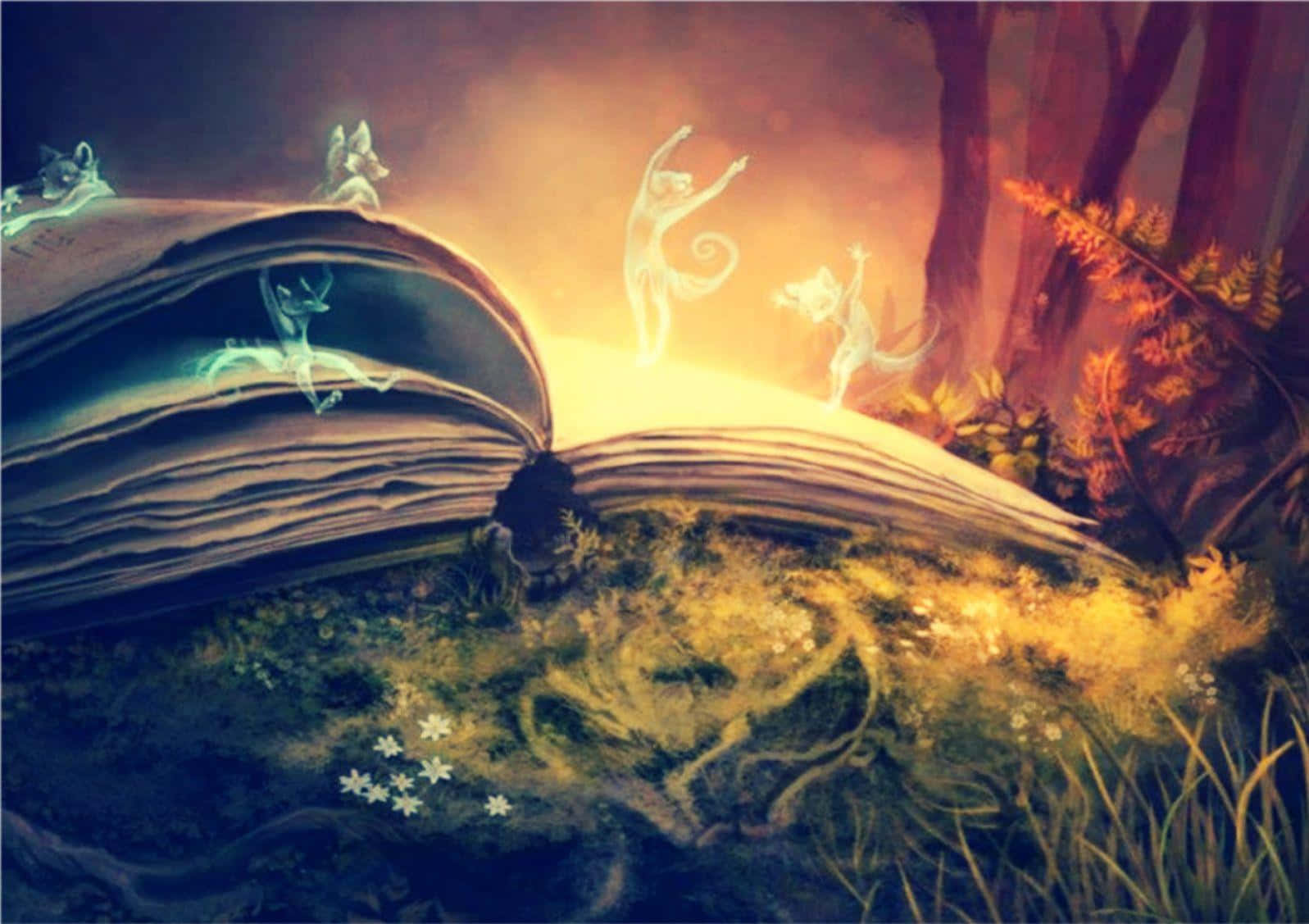 enchanted forest, giant open book, ethereal dancing figures, HD Desktop Wallpaper