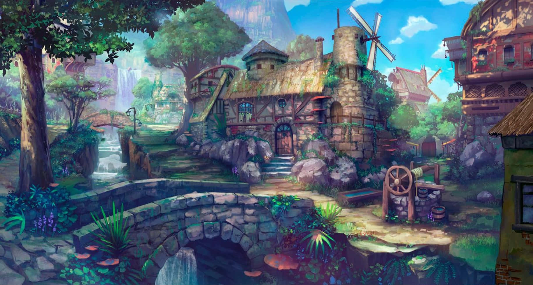 majestic castle, whimsical fantasy village, cascading waterfall, HD Desktop Wallpaper