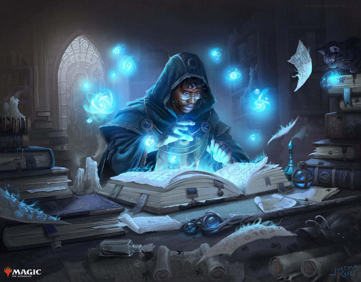hooded mage, glasses, glowing blue magical orbs, SD Desktop Wallpaper