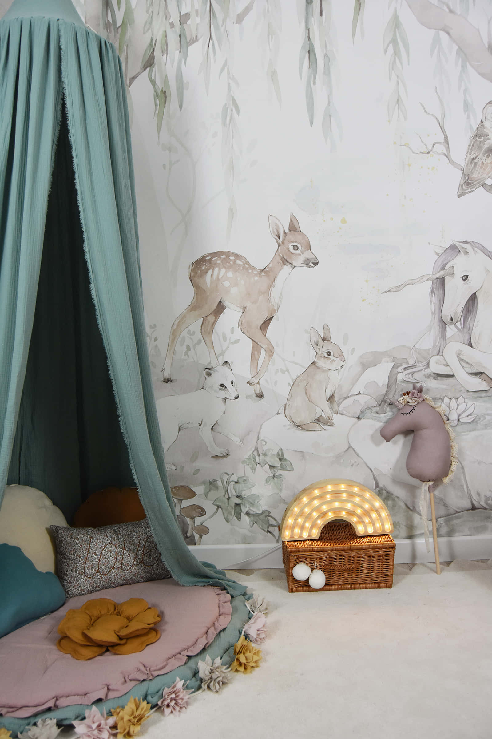 Magical Unicorn, teal canopy bed, whimsical forest animal wallpaper, Full HD Phone Wallpaper