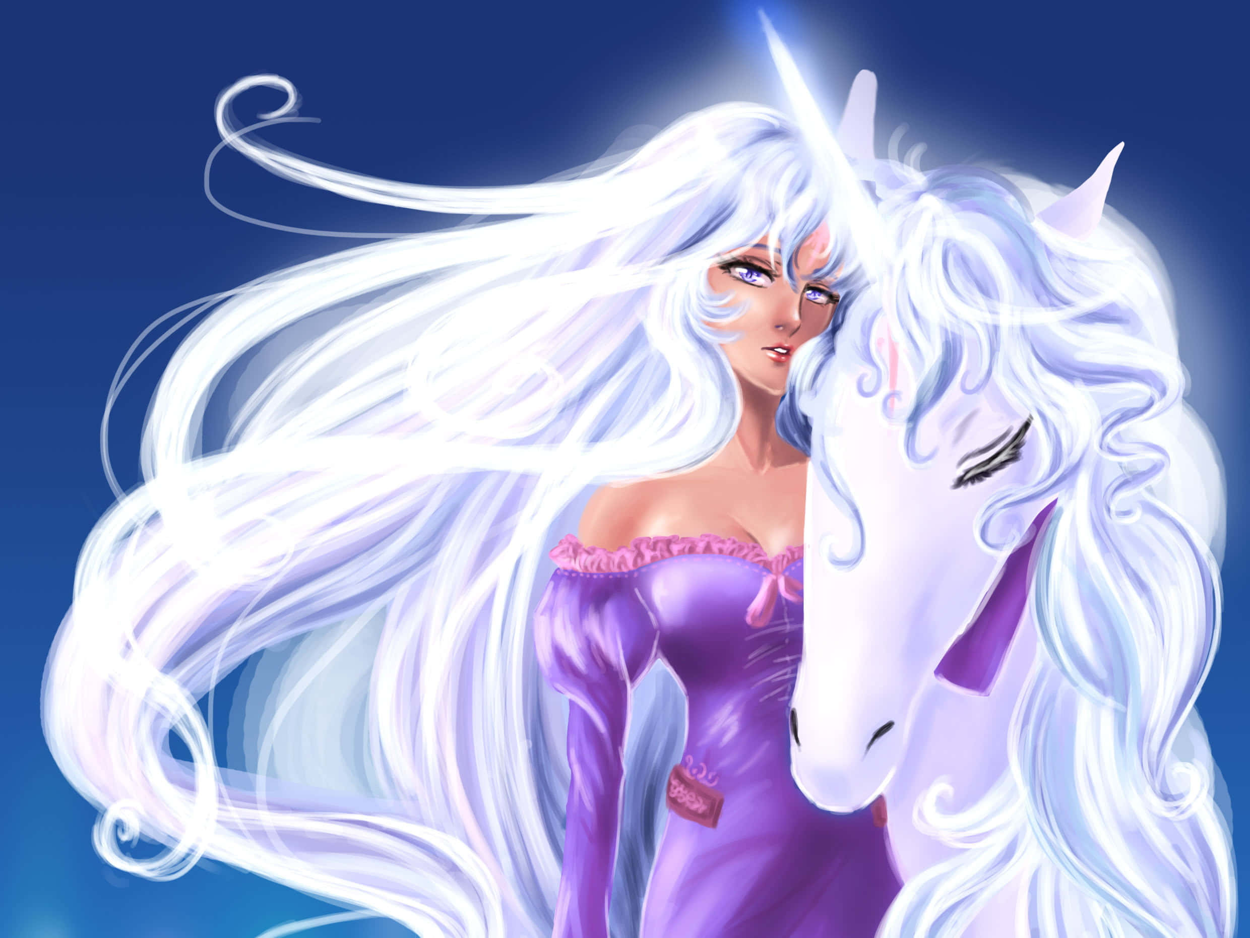 Magical Unicorn, anime girl, white unicorn, Full HD Desktop Wallpaper