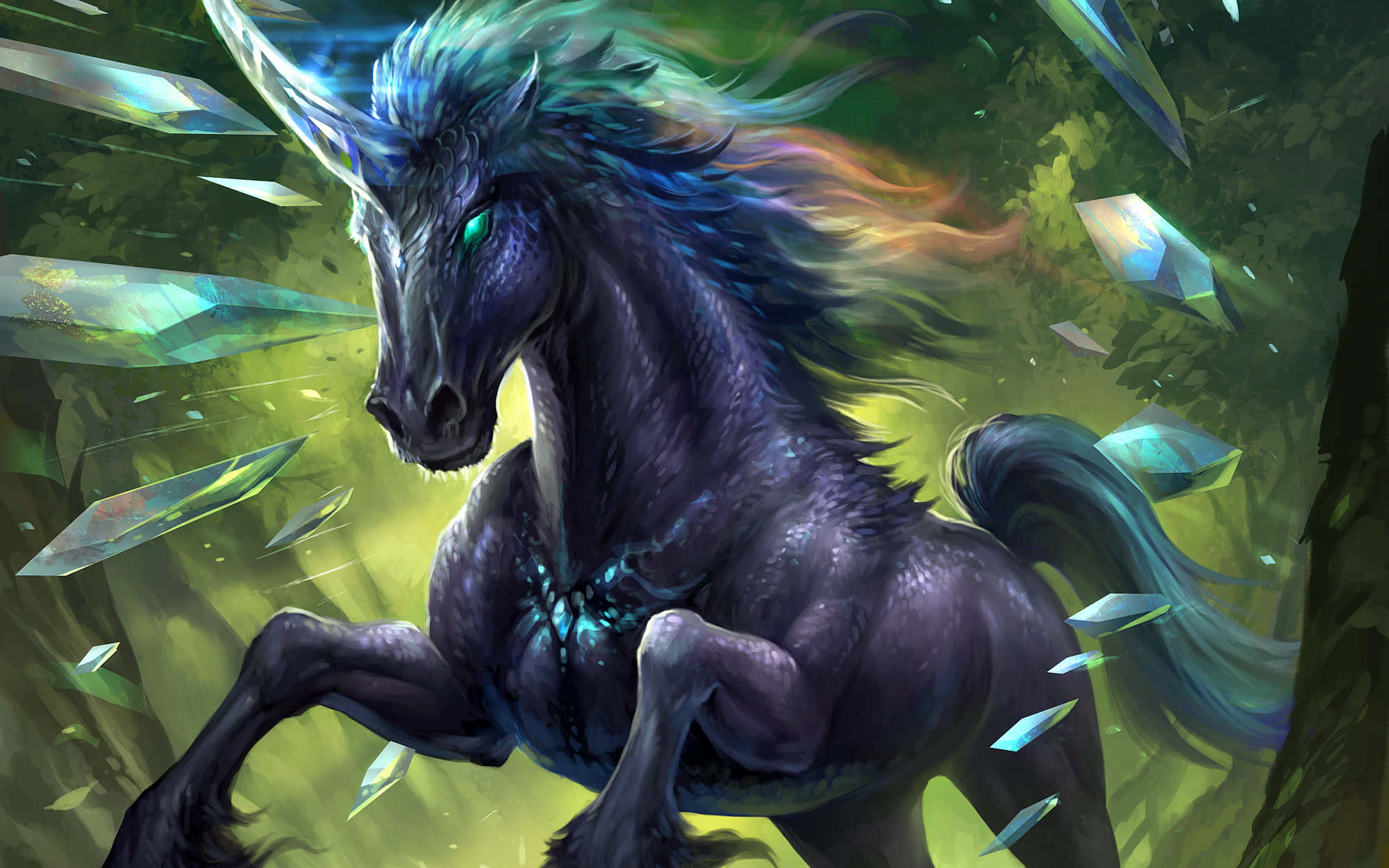Magical Unicorn, dark blue, glowing green eyes, Full HD Desktop Wallpaper