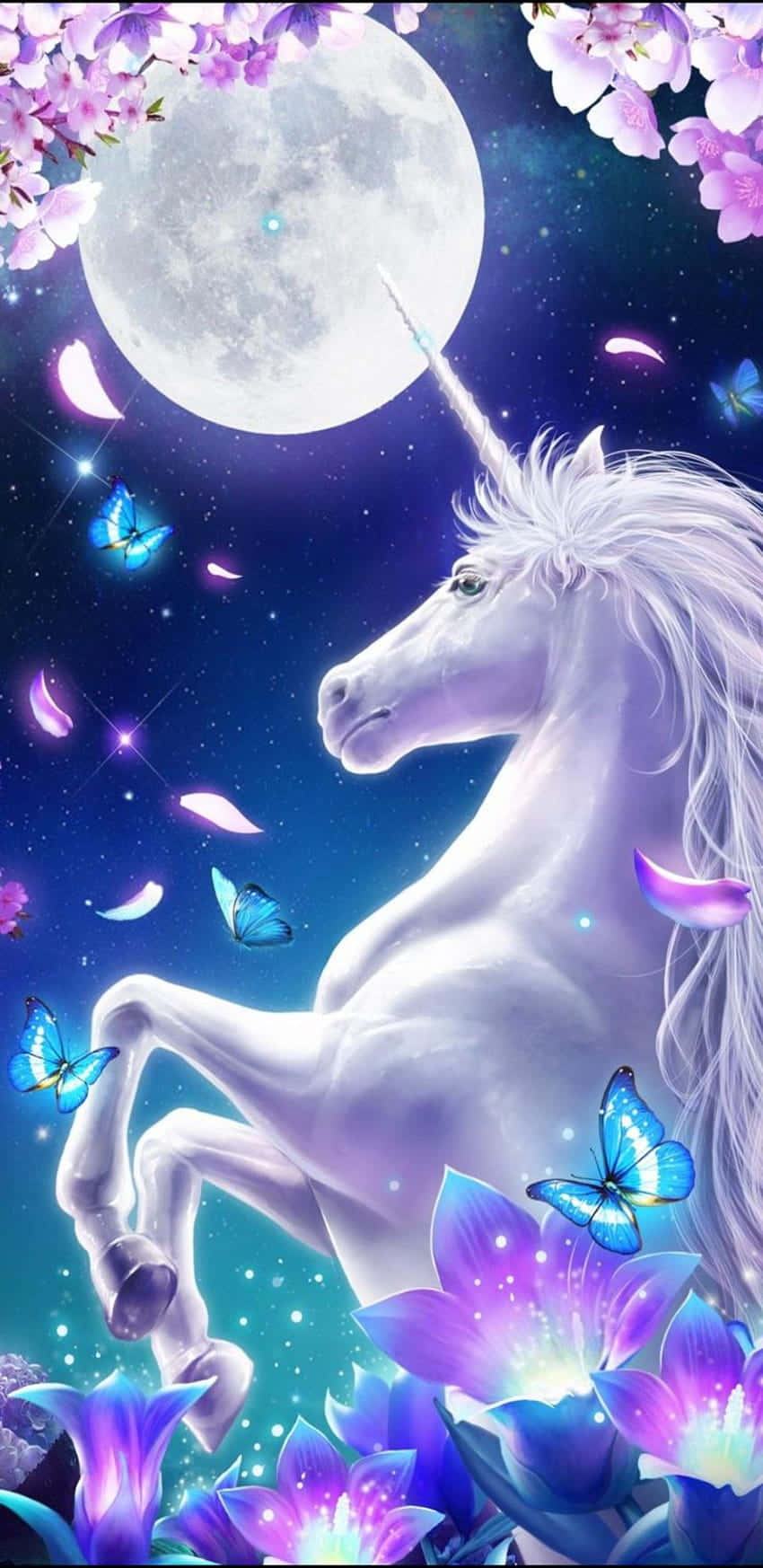 Magical Unicorn, full moon, glowing purple flowers, HD Phone Wallpaper
