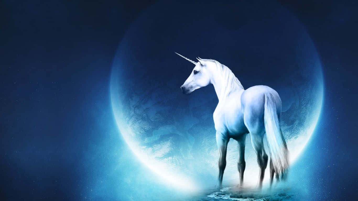 Magical Unicorn, luminous white unicorn, glowing crescent moon, HD Desktop Wallpaper