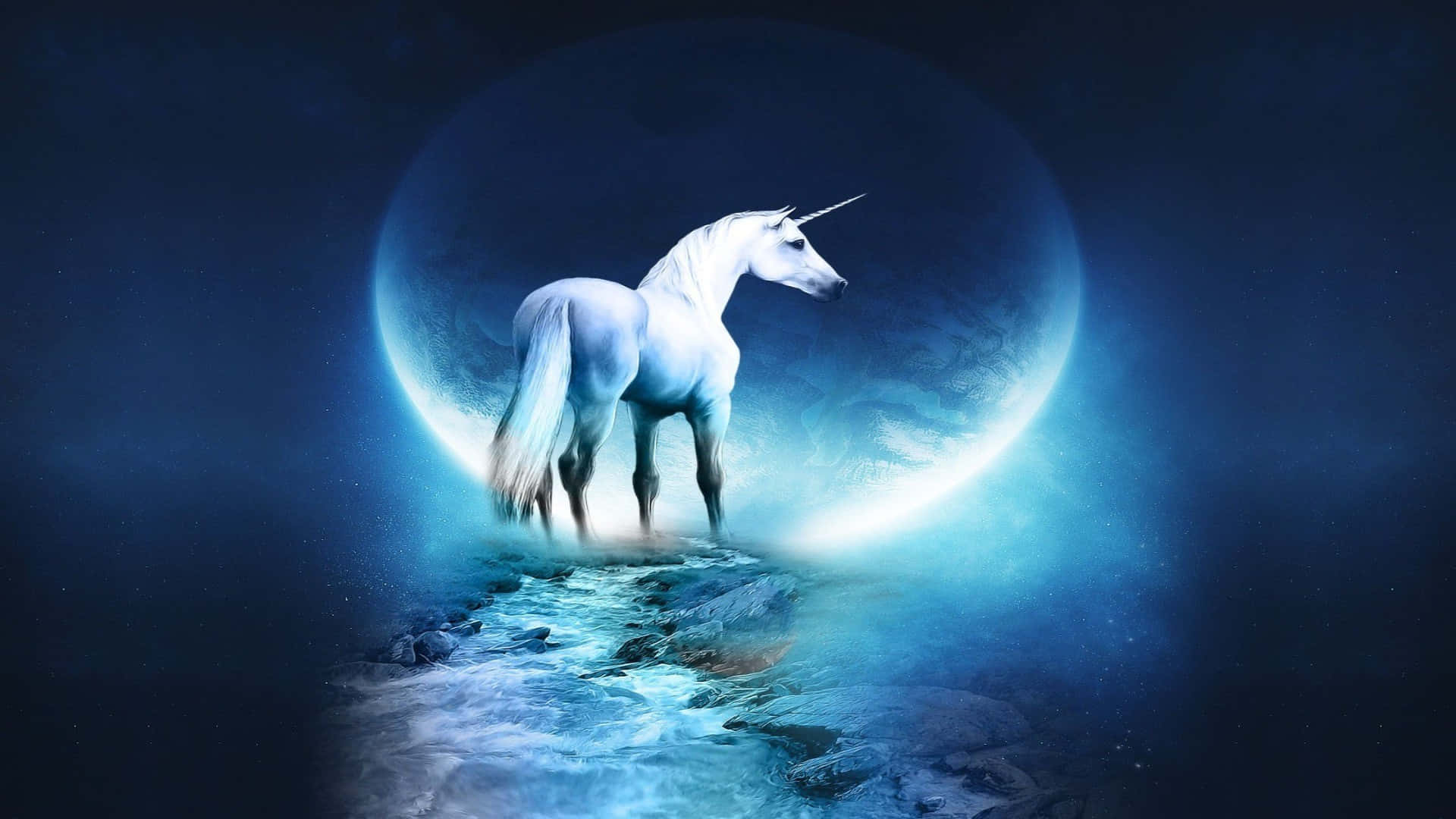 Magical Unicorn, luminous white unicorn, rocky shore, Full HD Desktop Wallpaper
