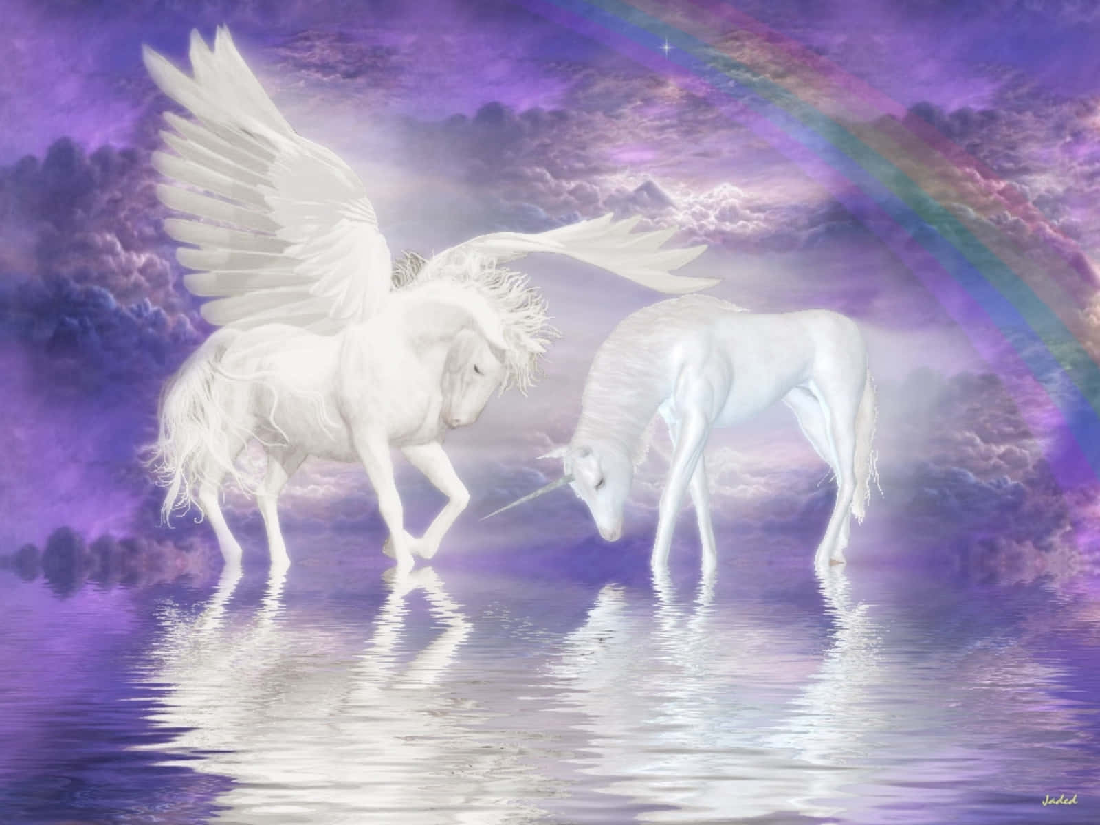 magical unicorn, white winged unicorns, shimmering purple pond, HD Desktop Wallpaper