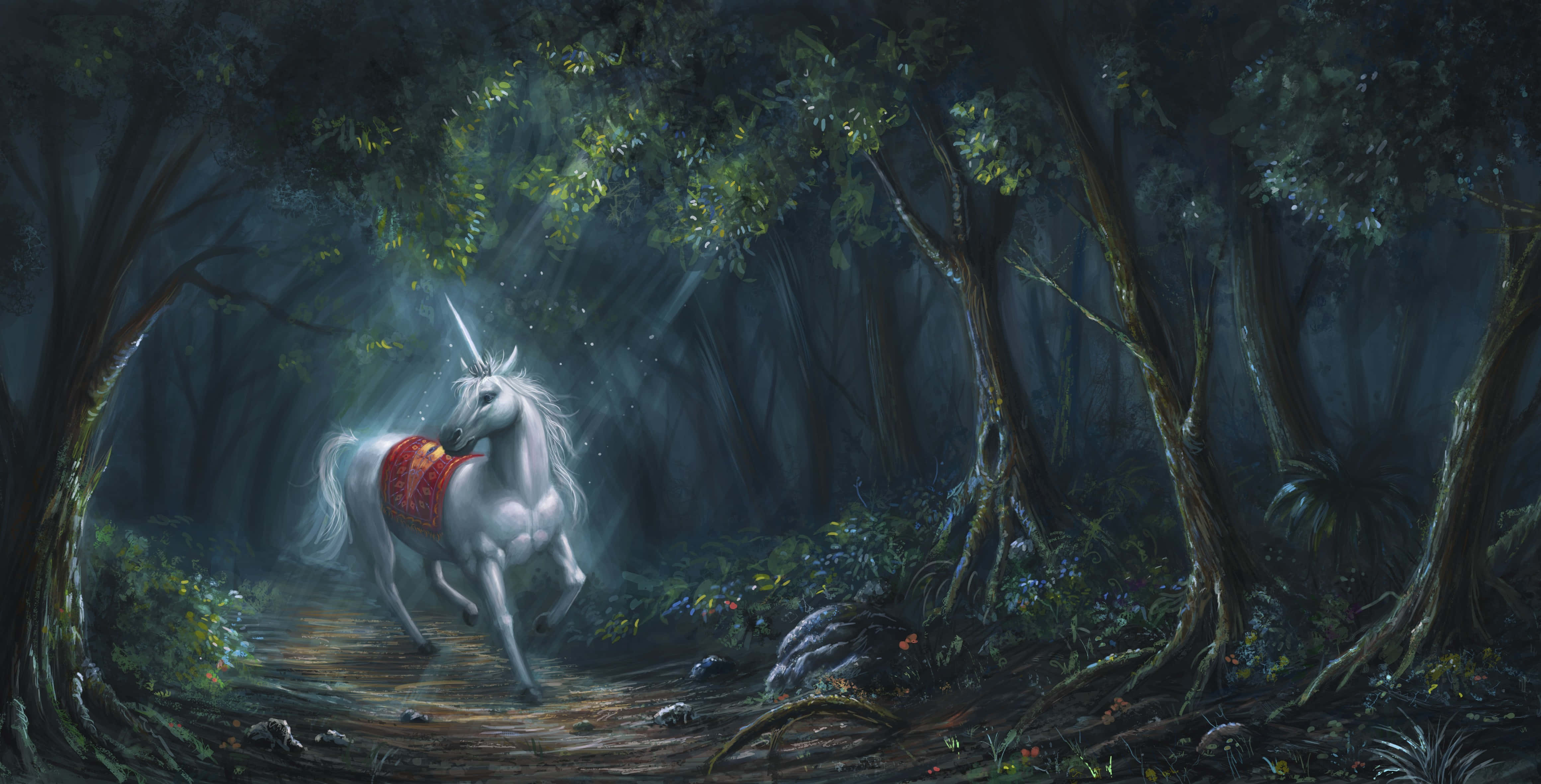 Magical Unicorn, white unicorn, glowing horn, 4K Desktop Wallpaper
