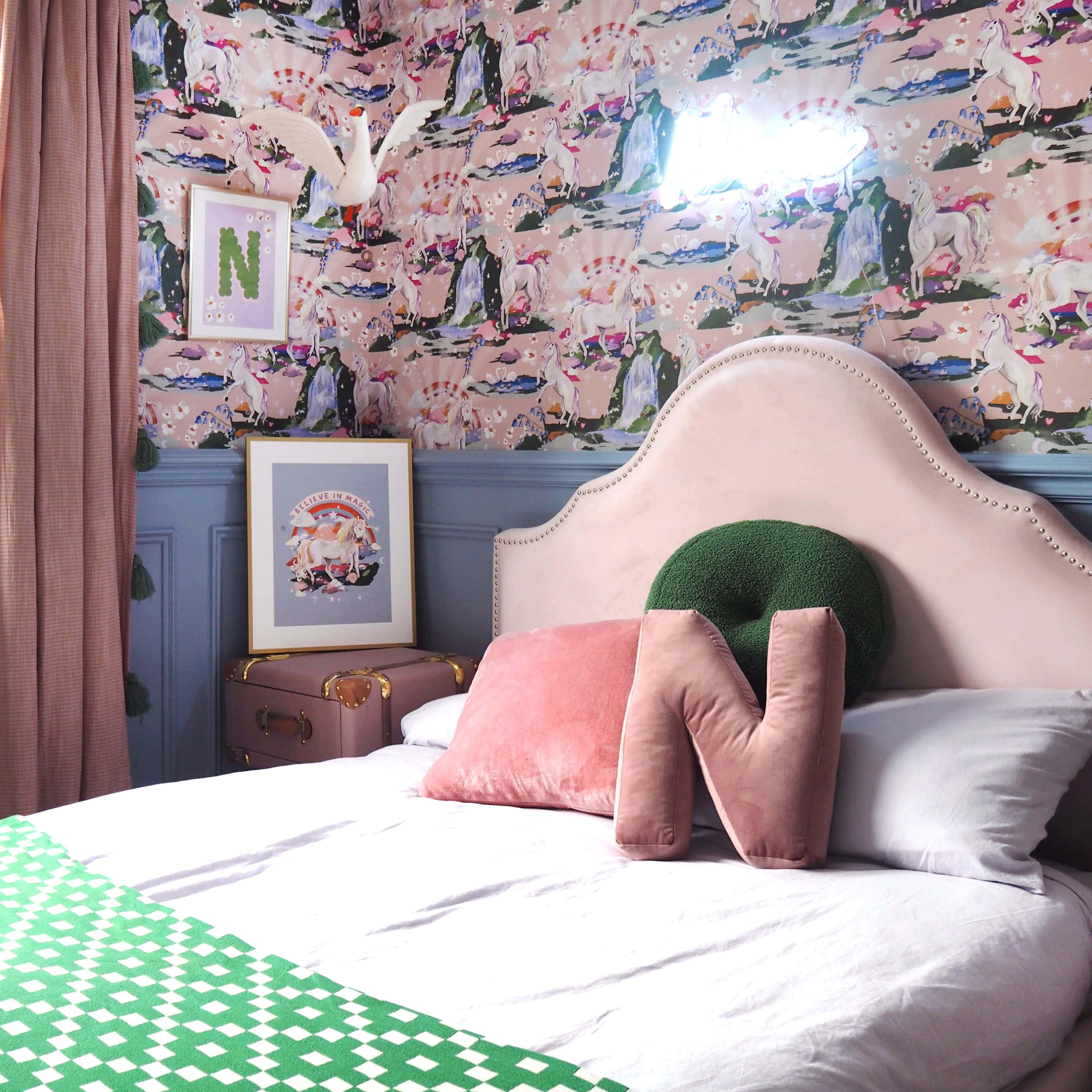 Magical Unicorns On Wall, pink headboard, letter N pillow, 2K Desktop Wallpaper