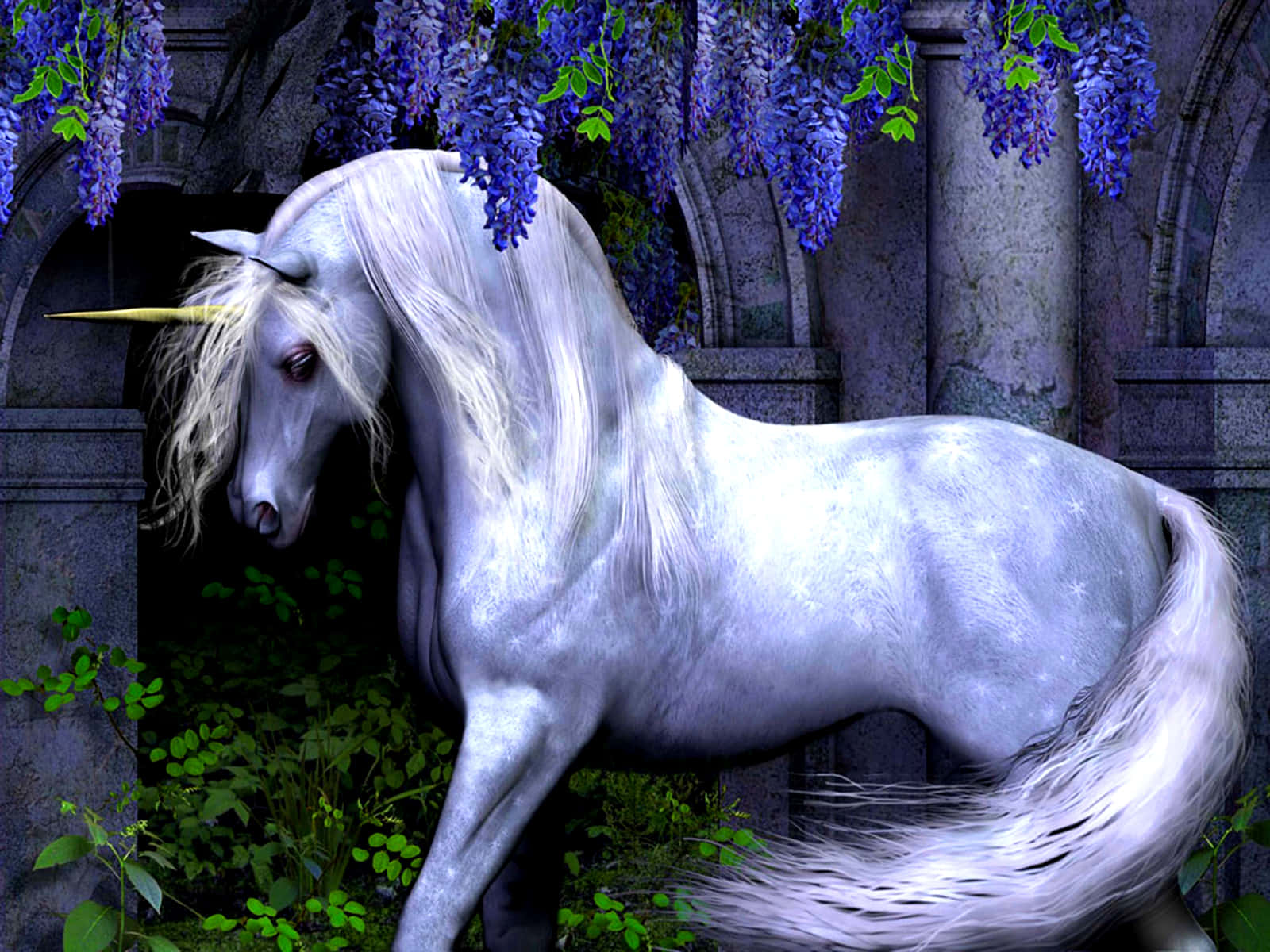 Magical Unicorn, white unicorn, golden horn, HD Desktop Wallpaper