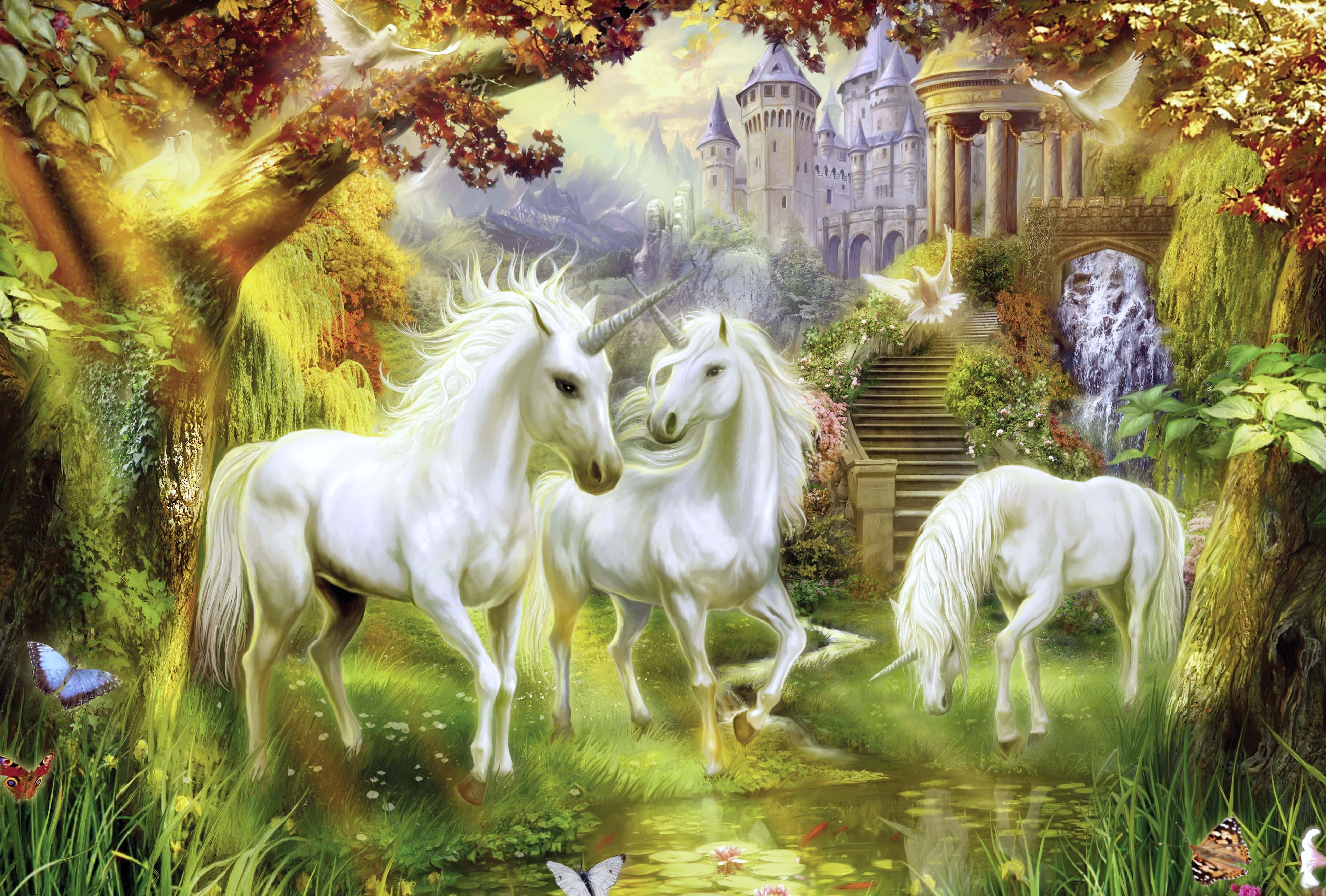 Magical Unicorns, white unicorns, sunlit enchanted forest, 4K Desktop Wallpaper