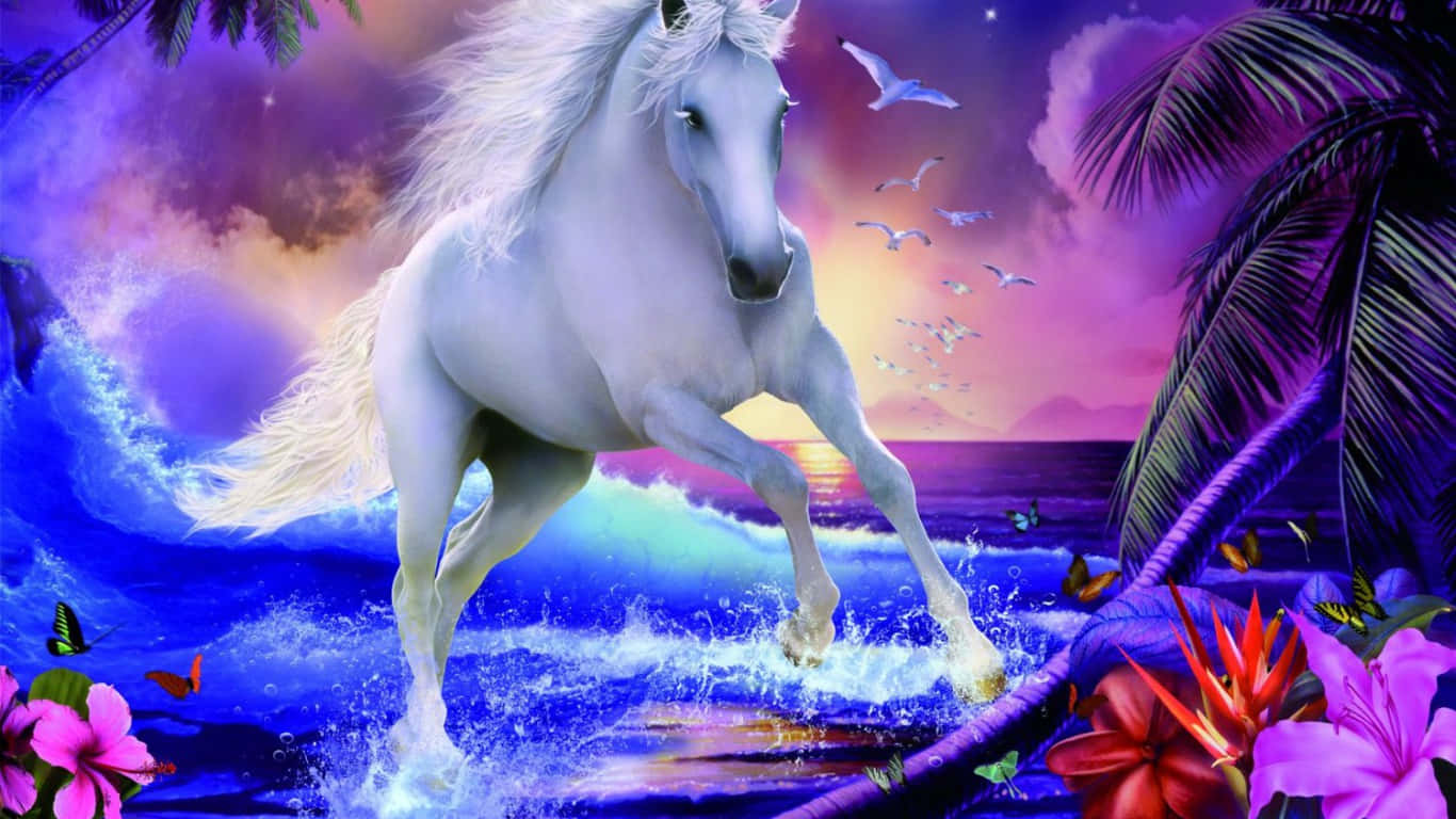 Magical Unicorn, glowing blue waves, vibrant purple sunset sky, HD Desktop Wallpaper