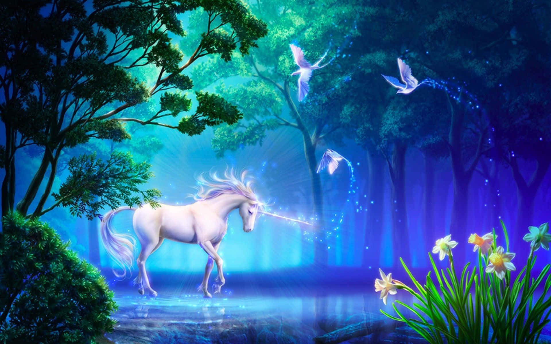 Magical Unicorn, magical forest, glowing white unicorn, Full HD Desktop Wallpaper
