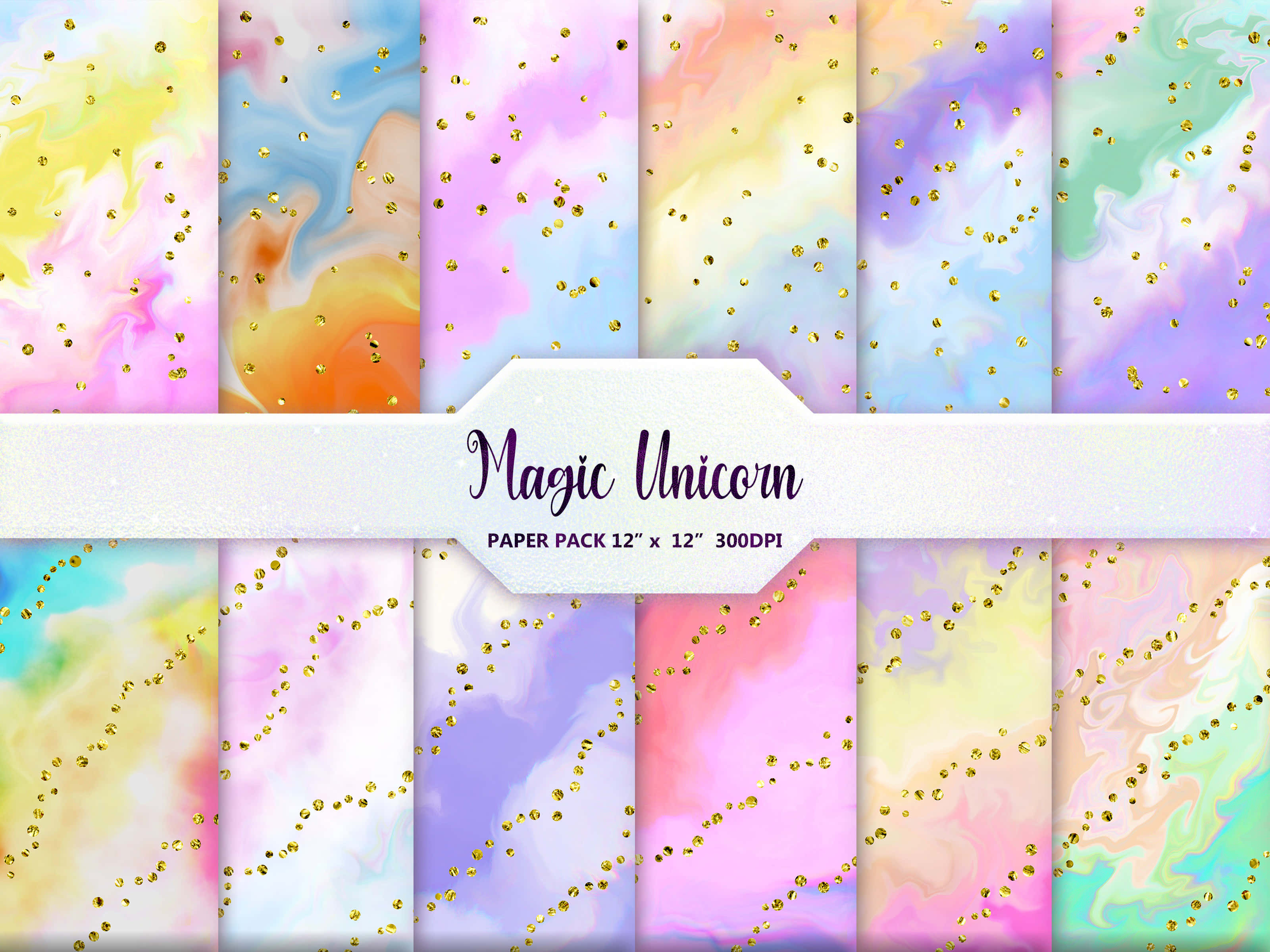 Magical Unicorn, pastel marble-patterned papers, golden glitter specks, 2K Desktop Wallpaper