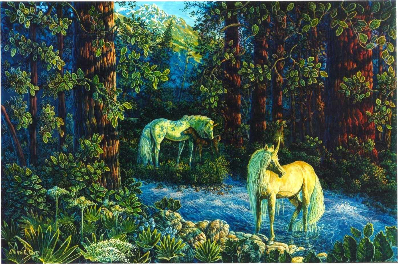 Magical Unicorn, Magical Forest, glowing stream, HD Desktop Wallpaper